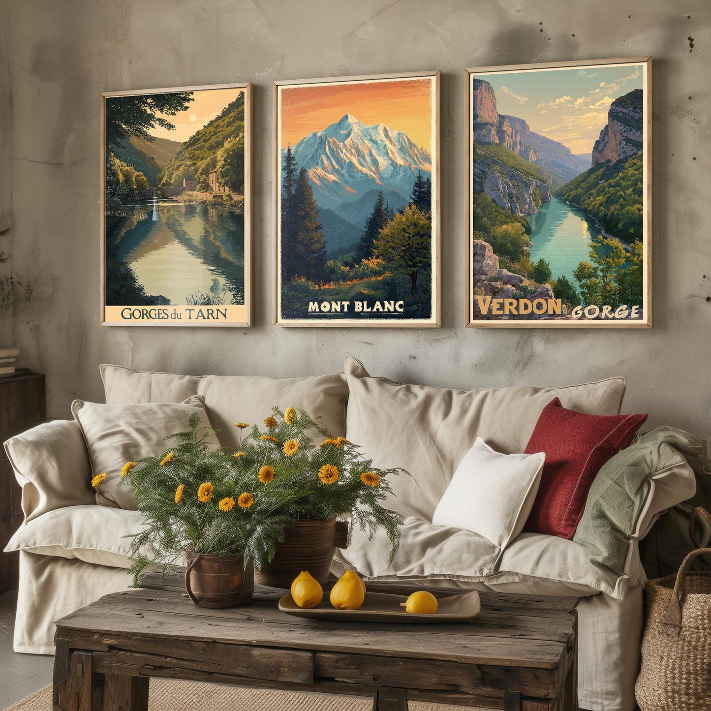 Natural Wonders of France Set of Three Travel Posters - Gorges du Tarn, Mont Blanc, Verdon Gorge Illustrations - 3 Art Prints Painting Gift