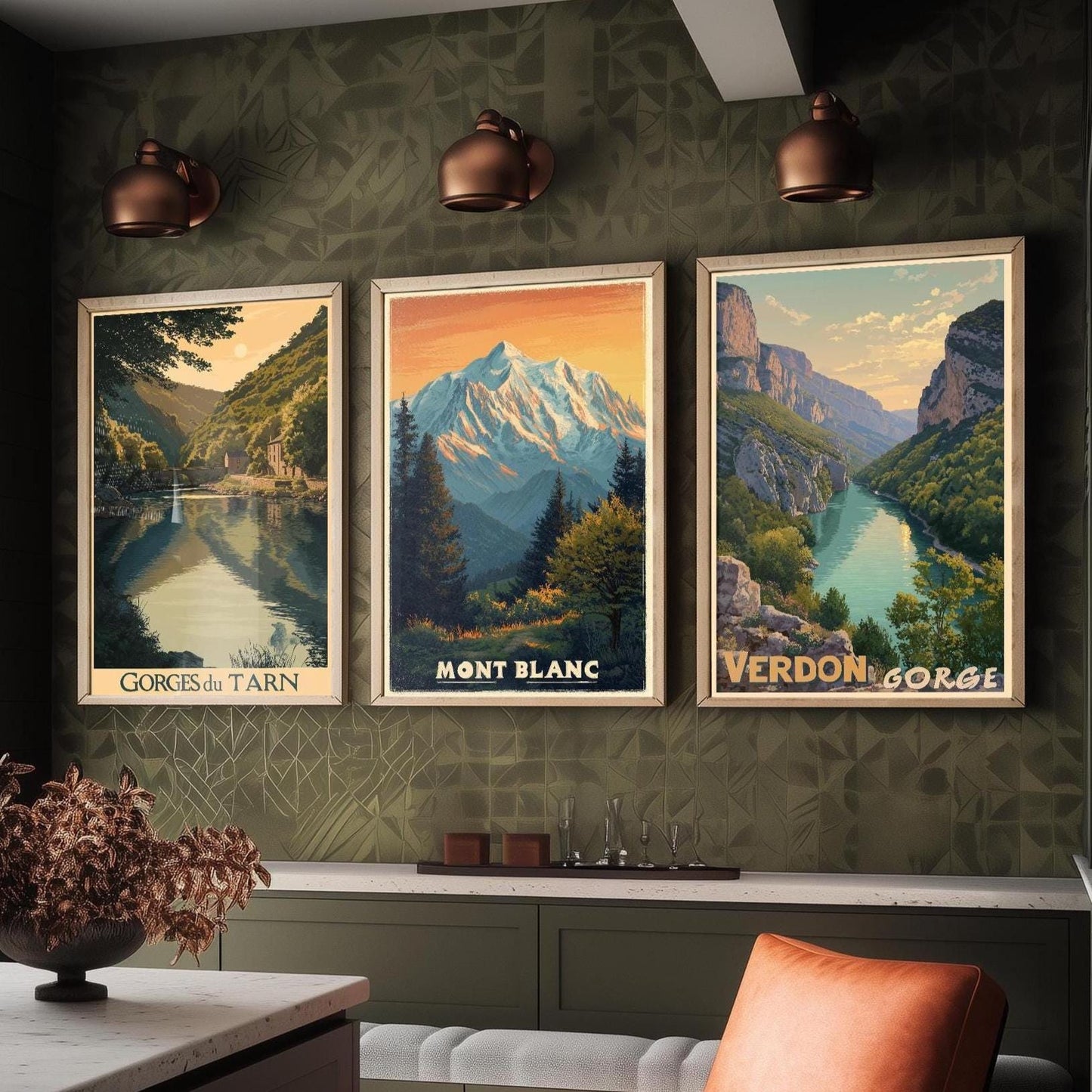Natural Wonders of France Set of Three Travel Posters - Gorges du Tarn, Mont Blanc, Verdon Gorge Illustrations - 3 Art Prints Painting Gift