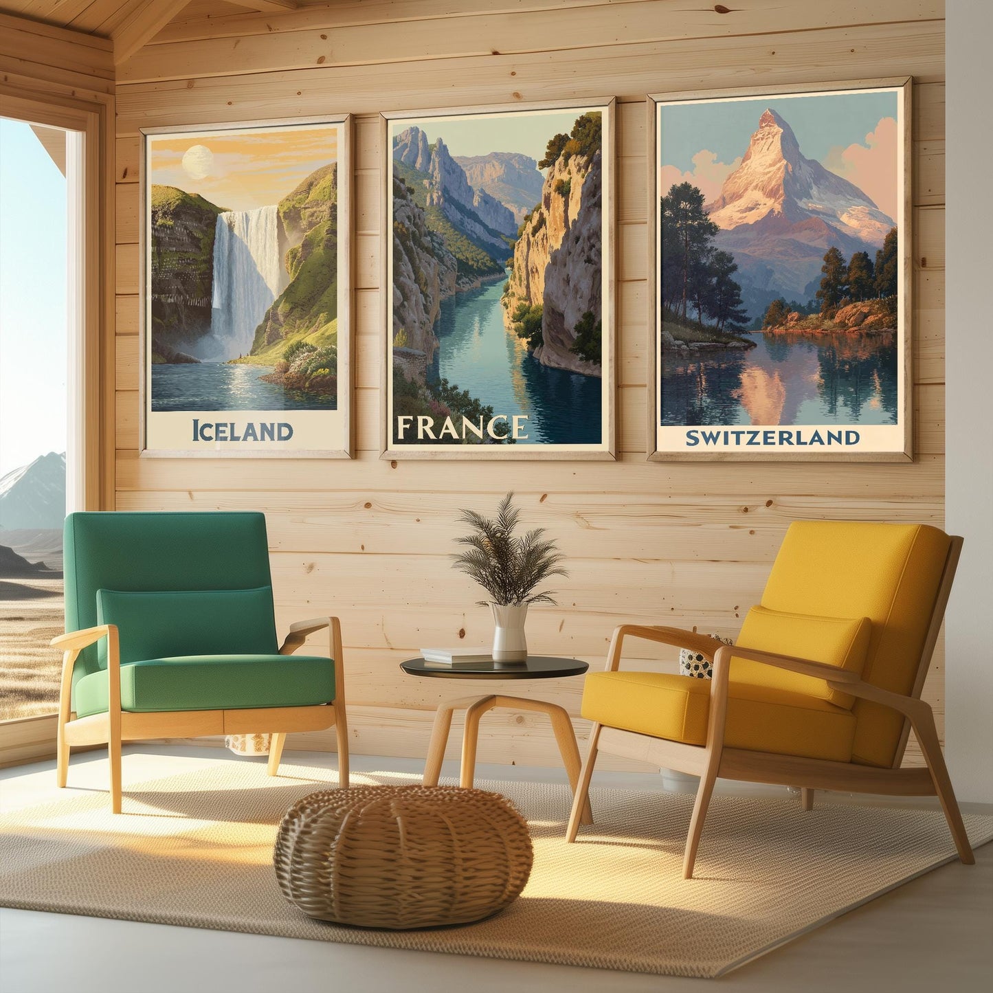 Natural Wonders of Iceland, France and Switzerland - Set of Three Travel Posters - Illustrations 3 Art Prints Painting Gift Photo