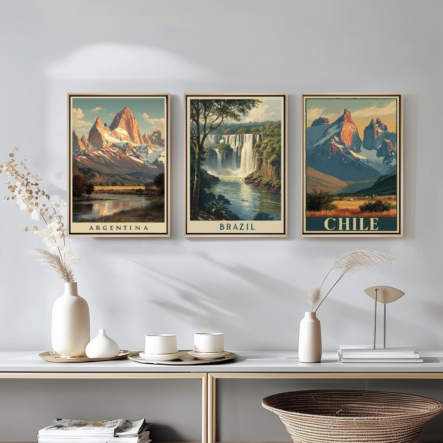 Natural Wonders of Argentina, Brazil and Chile - Set of Three Travel Posters - Illustrations 3 Art Prints Painting Gift Photo South America