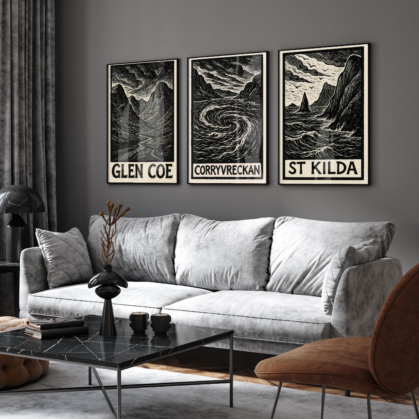 Glen Coe, Corryvreckan, St Kilda Posters - Set of Three Scotland Travel Art Prints - 3 B&W Woodcut Illustration Painting Highlands