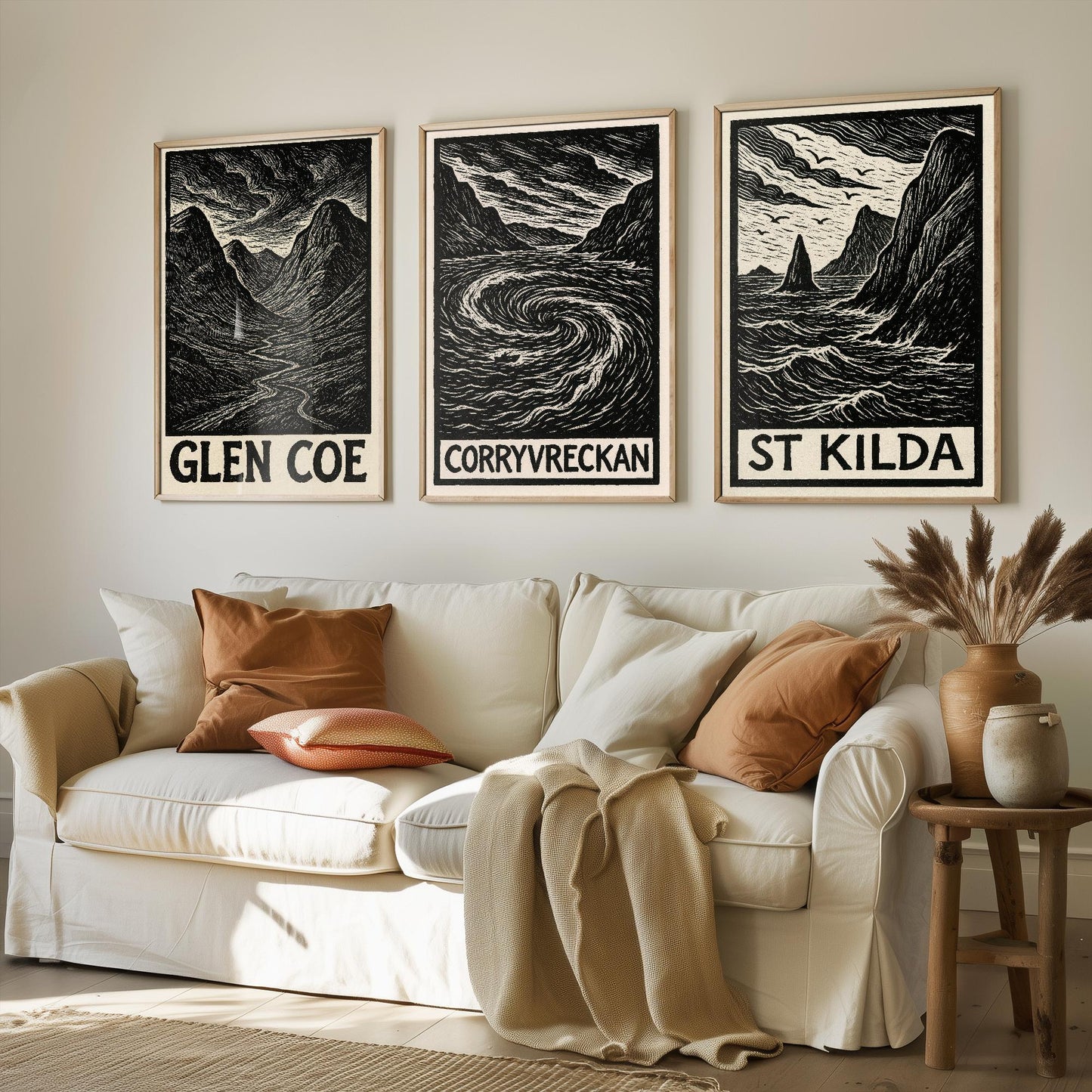 Glen Coe, Corryvreckan, St Kilda Posters - Set of Three Scotland Travel Art Prints - 3 B&W Woodcut Illustration Painting Highlands