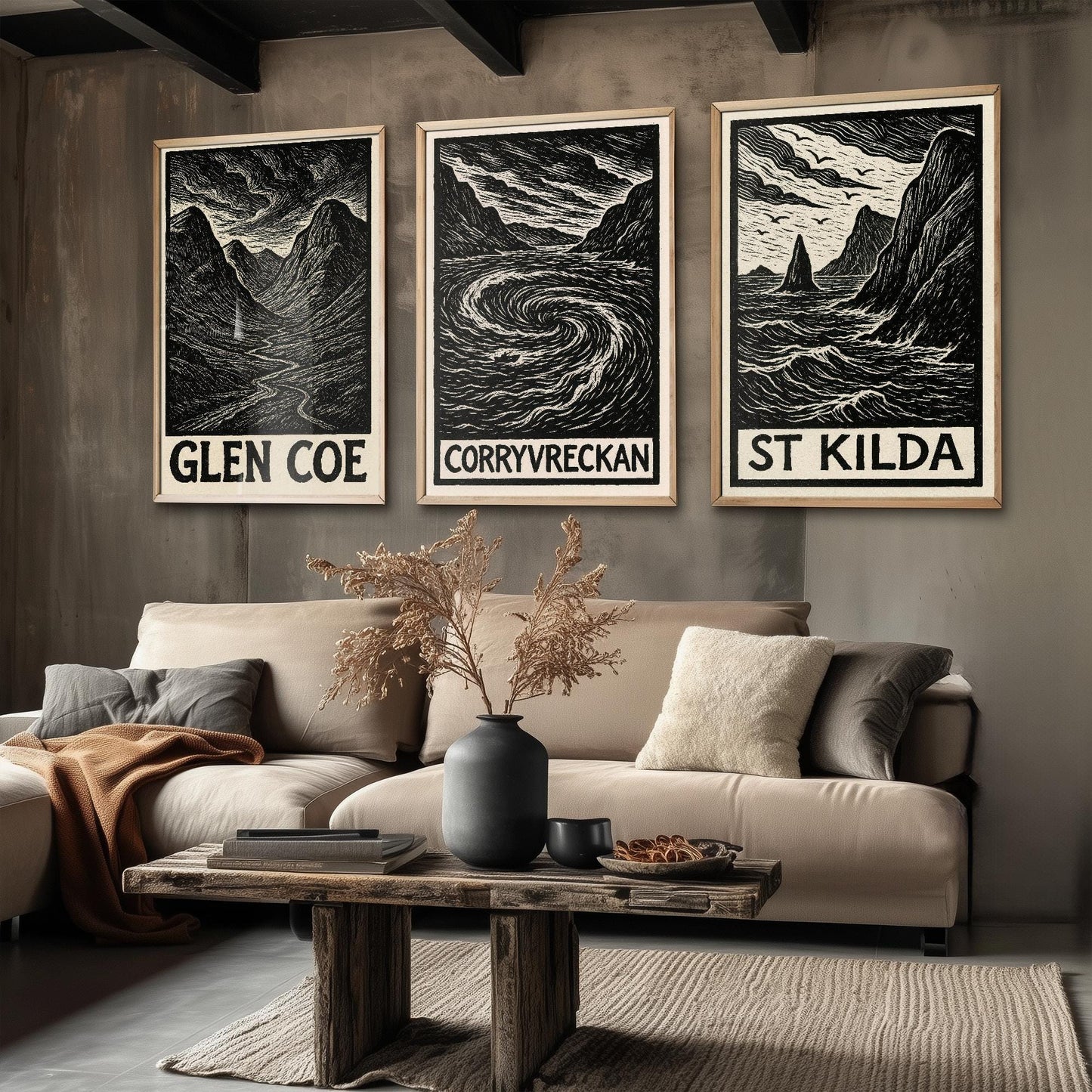 Glen Coe, Corryvreckan, St Kilda Posters - Set of Three Scotland Travel Art Prints - 3 B&W Woodcut Illustration Painting Highlands