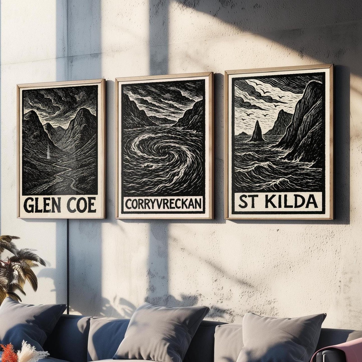 Glen Coe, Corryvreckan, St Kilda Posters - Set of Three Scotland Travel Art Prints - 3 B&W Woodcut Illustration Painting Highlands