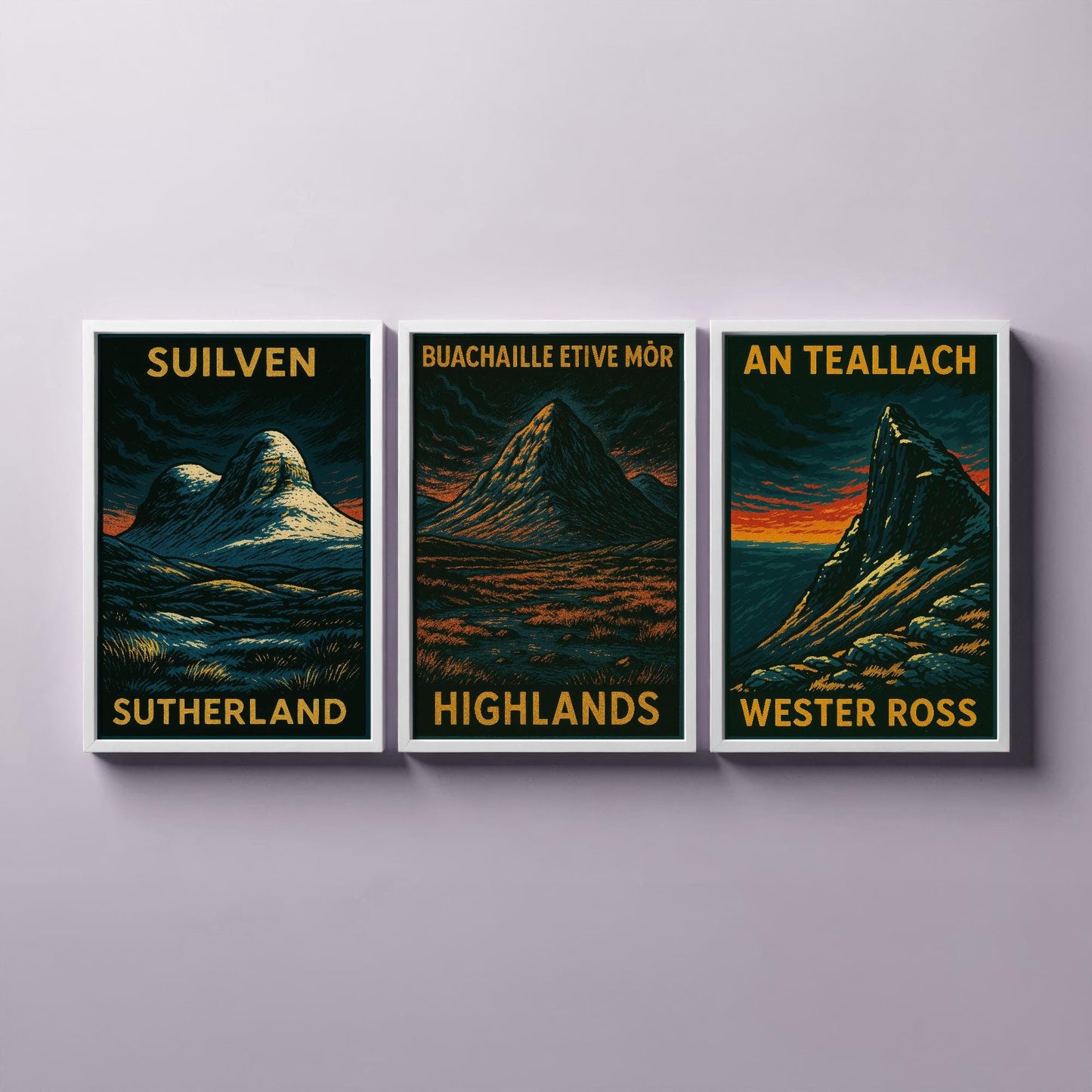 Suilven, Bauchaille Etive Mor, An Teallach Posters - Set of Three Scotland Travel Art Prints - 3 Dark Moody Illustration Painting Highlands