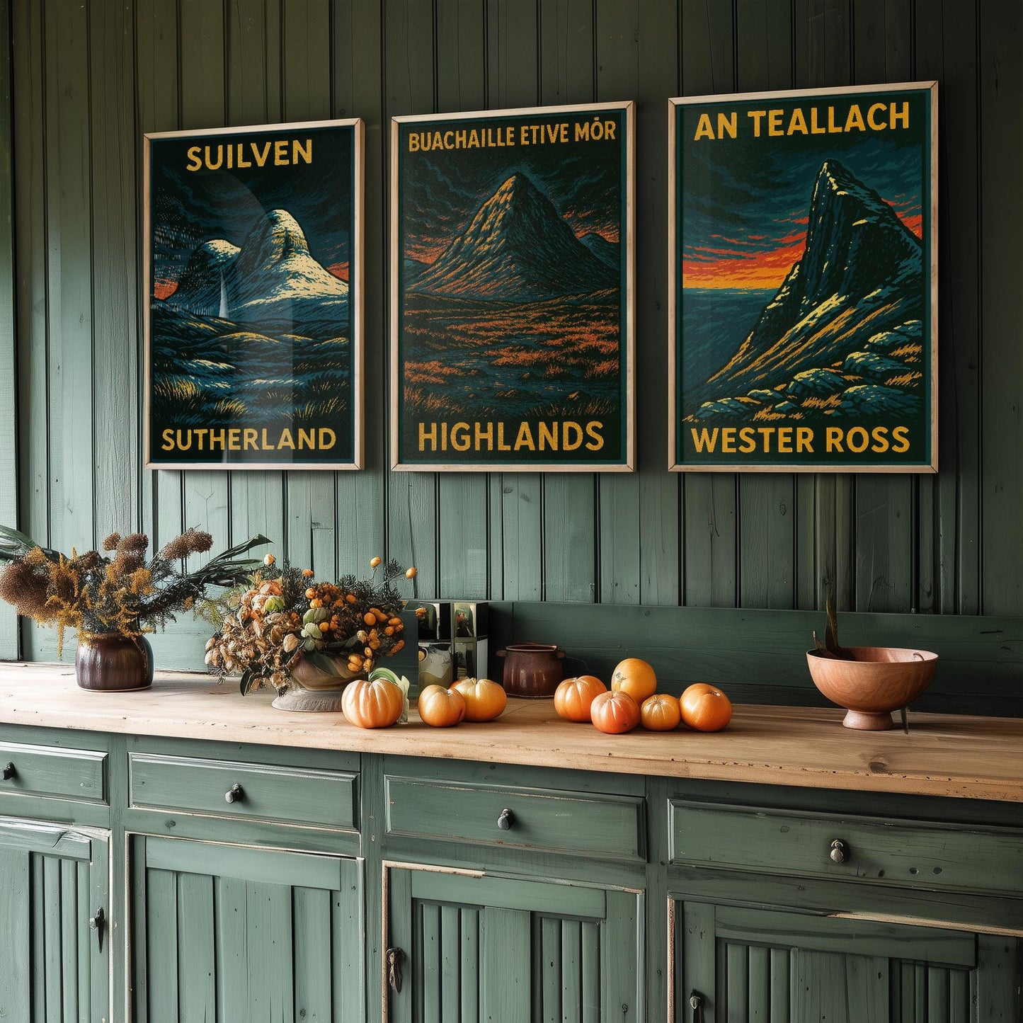 Suilven, Bauchaille Etive Mor, An Teallach Posters - Set of Three Scotland Travel Art Prints - 3 Dark Moody Illustration Painting Highlands