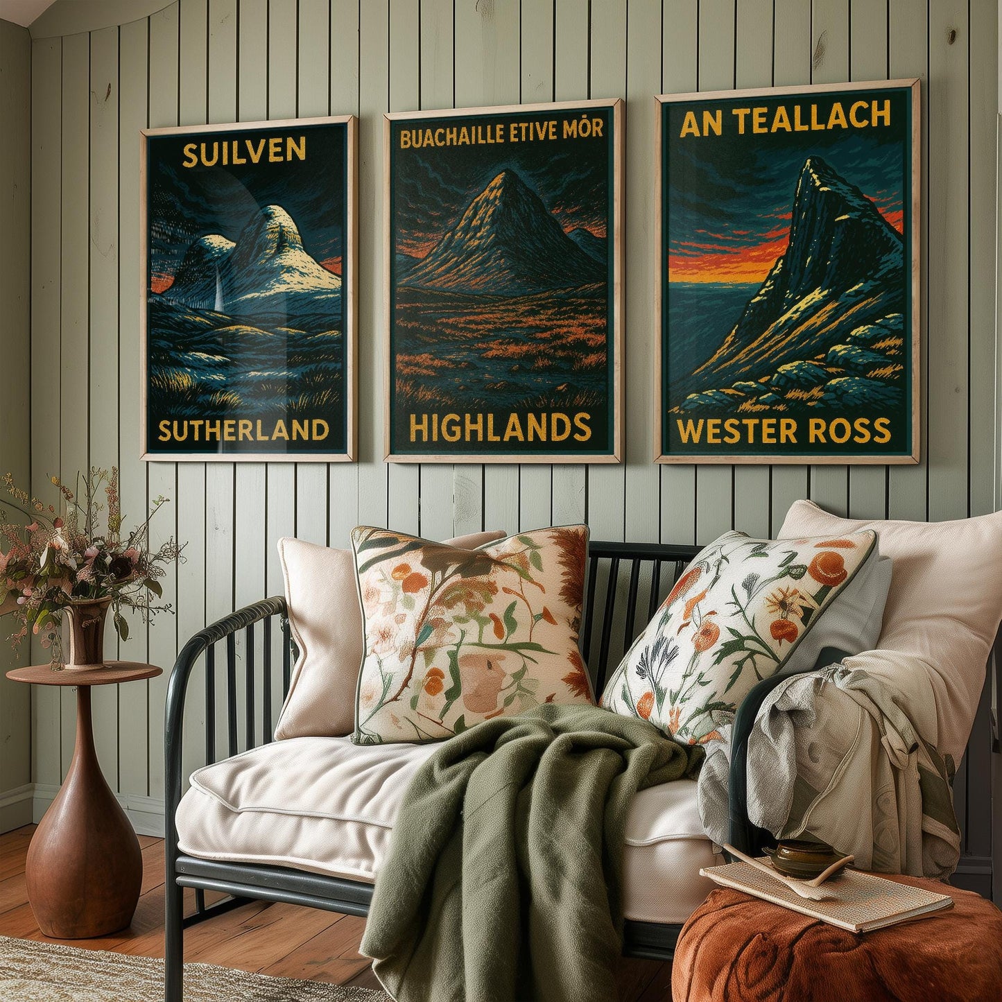 Suilven, Bauchaille Etive Mor, An Teallach Posters - Set of Three Scotland Travel Art Prints - 3 Dark Moody Illustration Painting Highlands