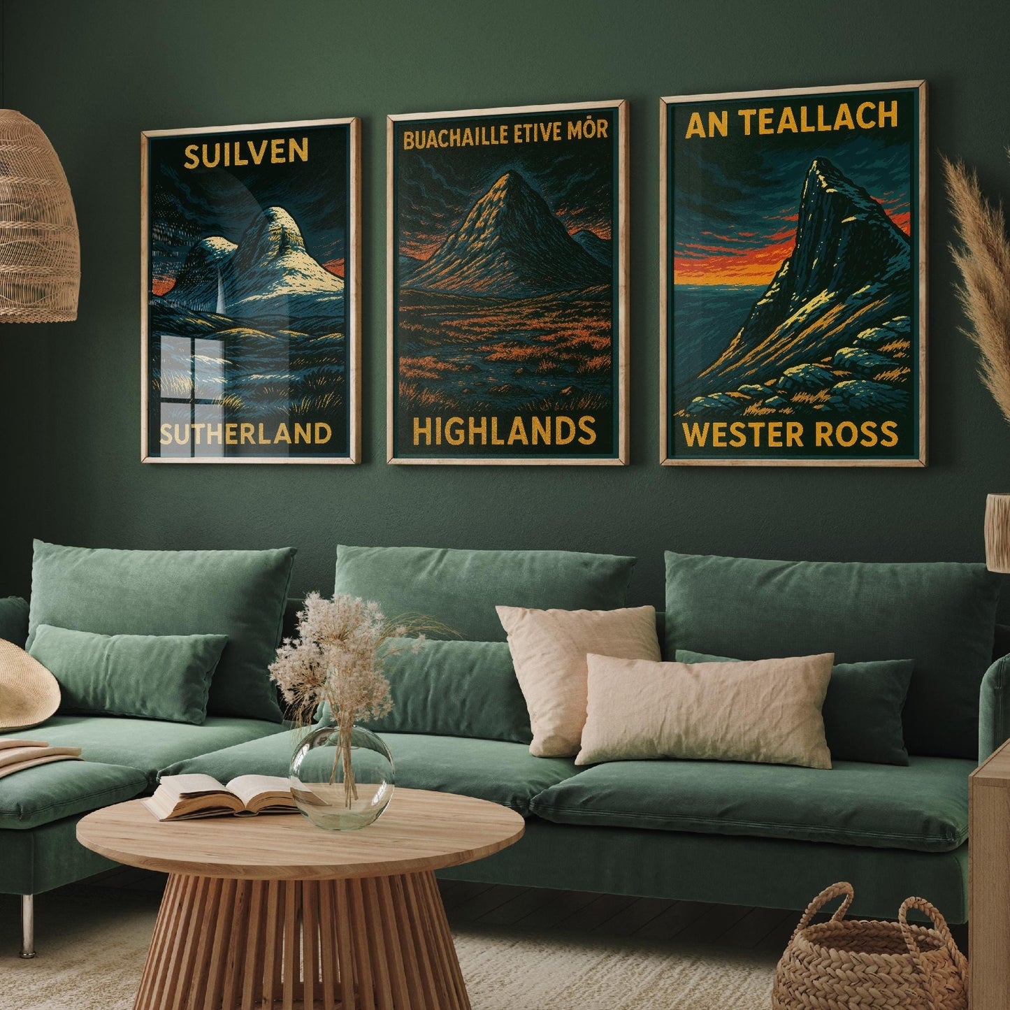 Suilven, Bauchaille Etive Mor, An Teallach Posters - Set of Three Scotland Travel Art Prints - 3 Dark Moody Illustration Painting Highlands