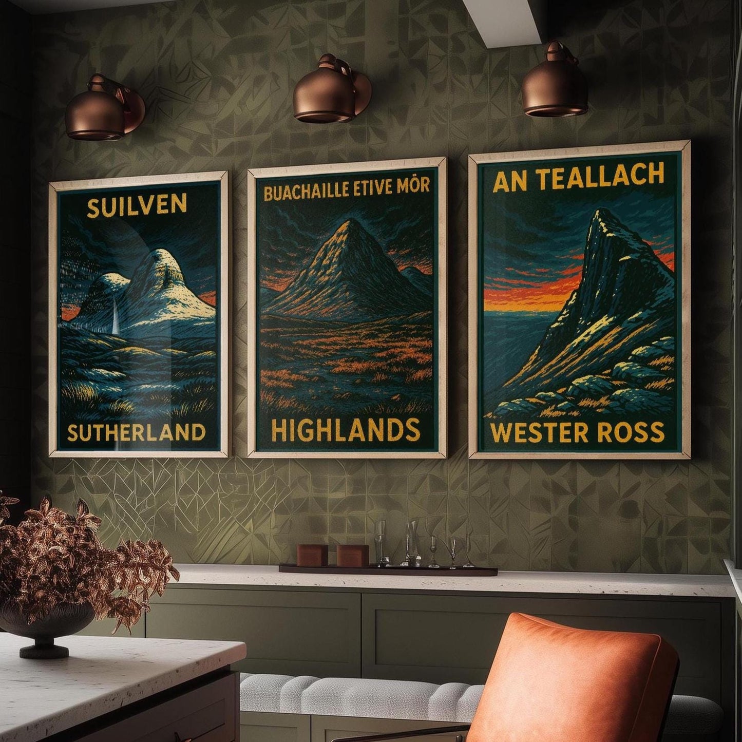 Suilven, Bauchaille Etive Mor, An Teallach Posters - Set of Three Scotland Travel Art Prints - 3 Dark Moody Illustration Painting Highlands