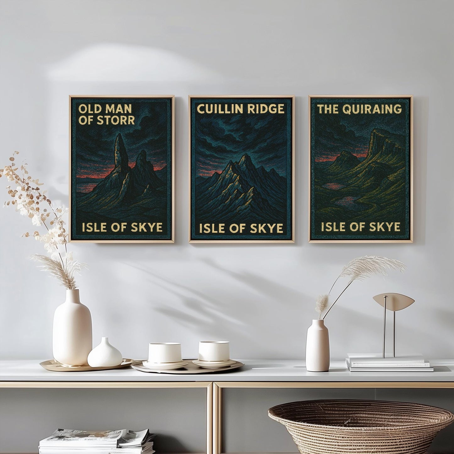 Isle of Skye Set of Three Art Prints- Old Man of Storr, Cuillin Ridge, The Quiraing Posters - 3 Dark Moody Illustration Painting Highlands