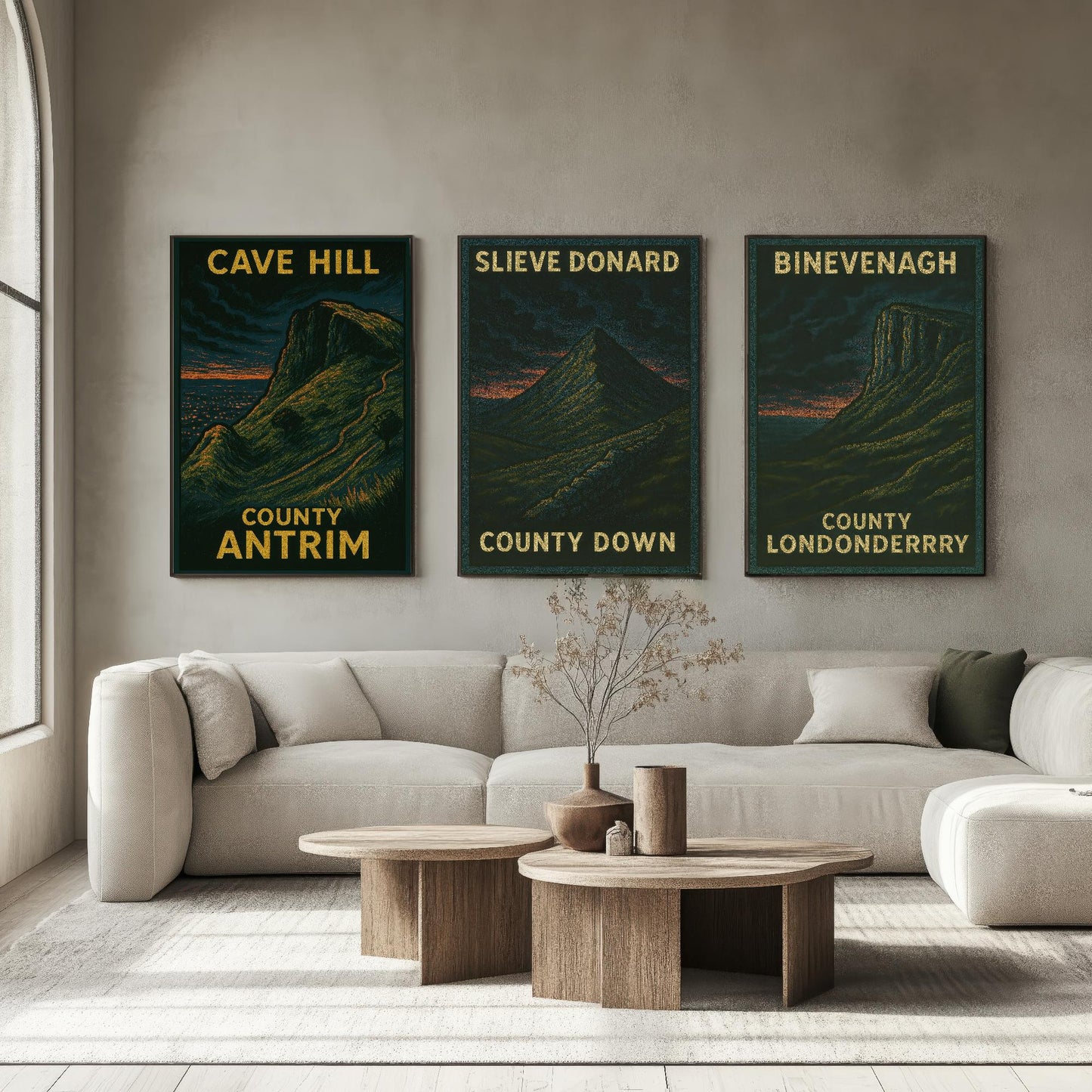 Norther Ireland Mountains Set of Three Art Prints- Cave Hill, Slieve Donard, Binevenagh Posters - 3 Dark Moody Illustration Painting