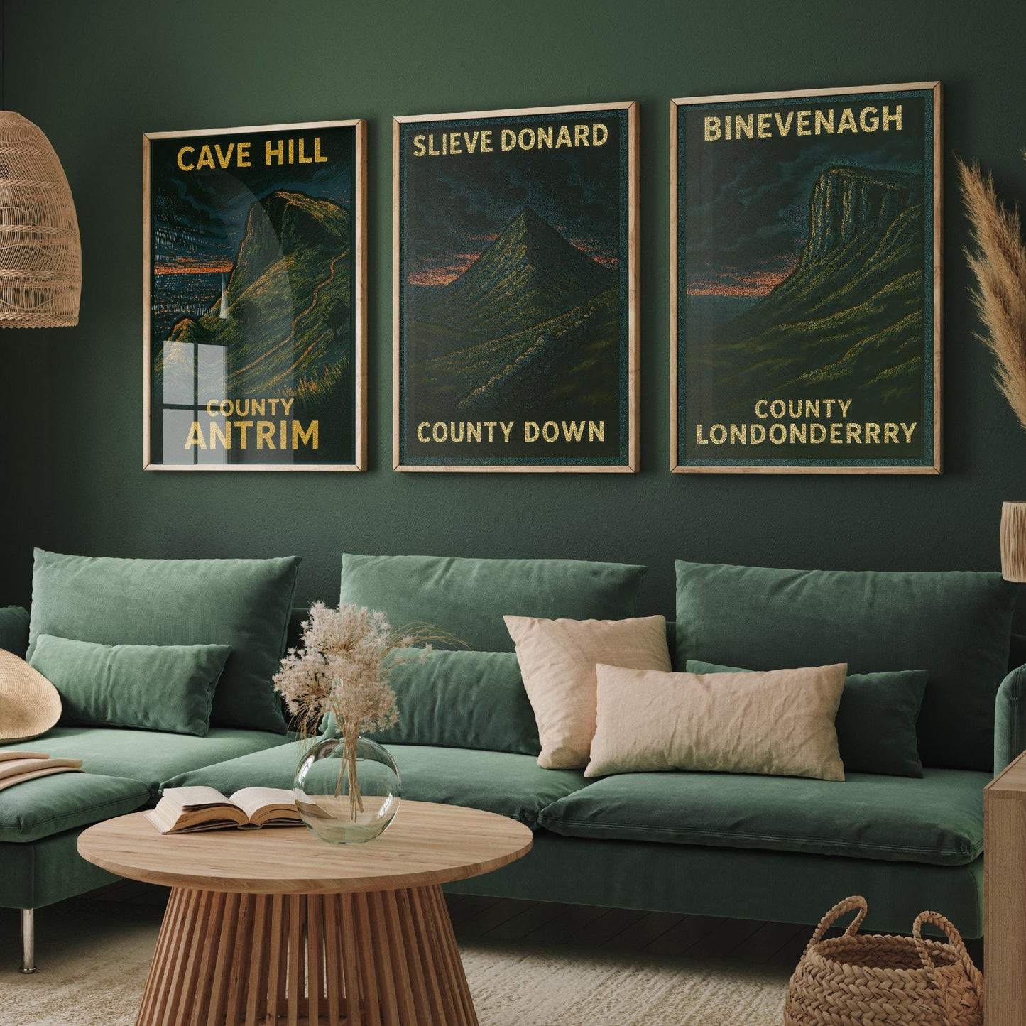 Norther Ireland Mountains Set of Three Art Prints- Cave Hill, Slieve Donard, Binevenagh Posters - 3 Dark Moody Illustration Painting