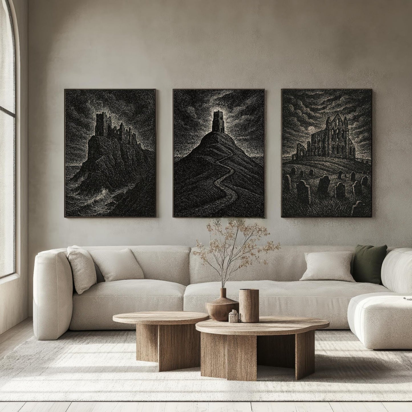 Moody UK Landmarks - Set of Three Art Prints - Dunnottar Castle, Glastonbury Tor, Whitby Abbey Posters - 3 Dark Illustration Painting