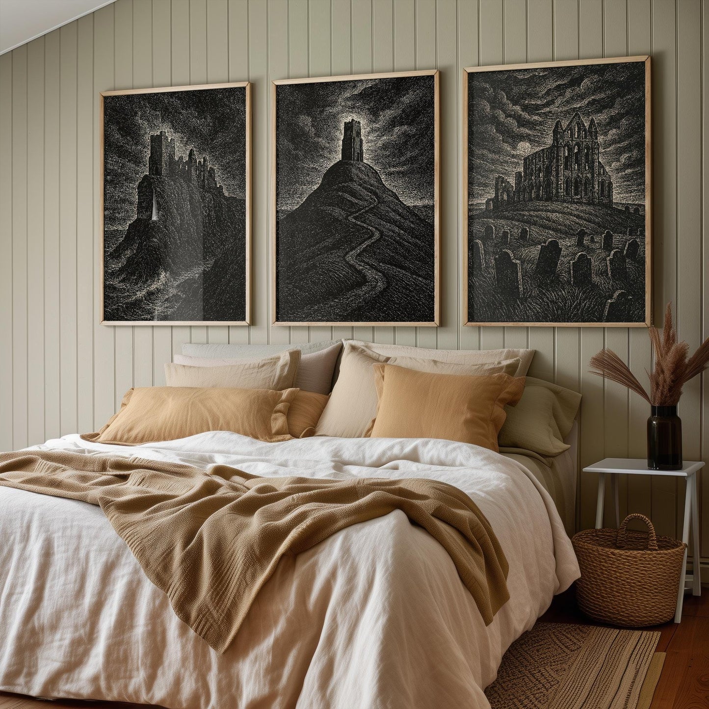 Moody UK Landmarks - Set of Three Art Prints - Dunnottar Castle, Glastonbury Tor, Whitby Abbey Posters - 3 Dark Illustration Painting