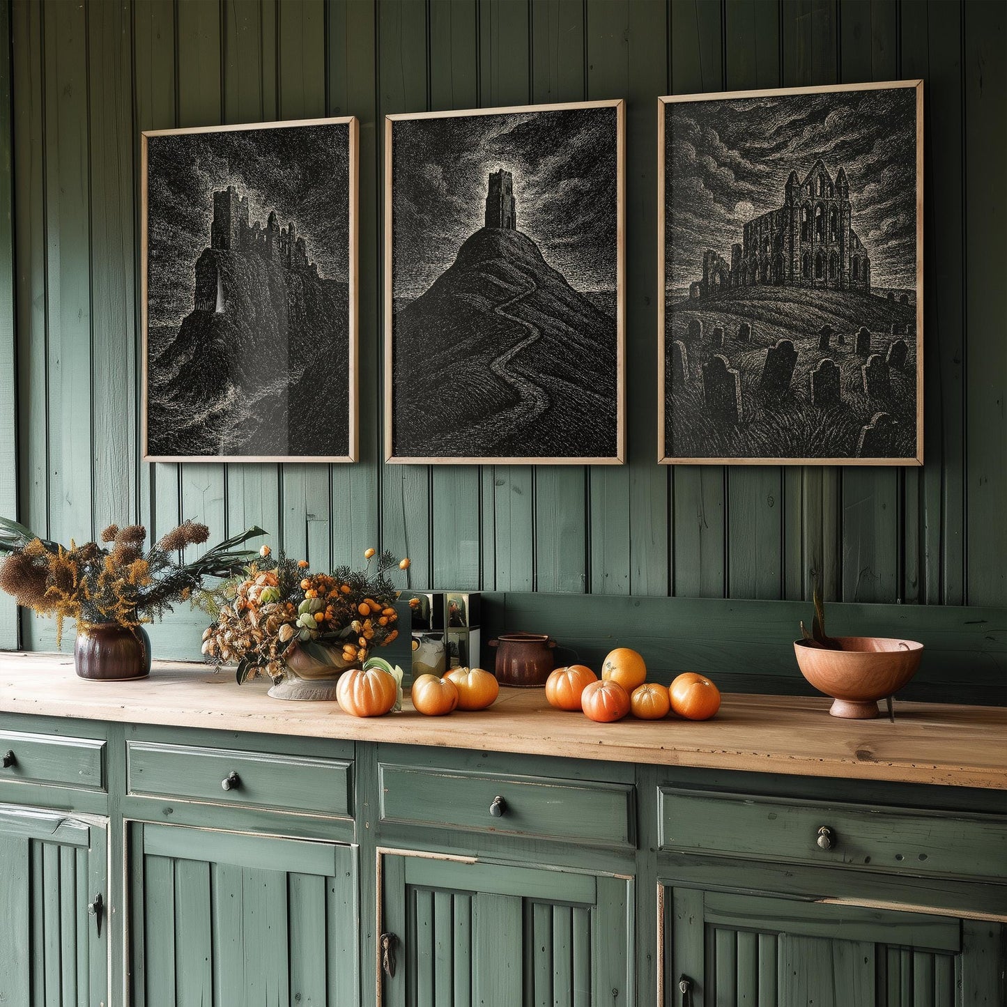 Moody UK Landmarks - Set of Three Art Prints - Dunnottar Castle, Glastonbury Tor, Whitby Abbey Posters - 3 Dark Illustration Painting