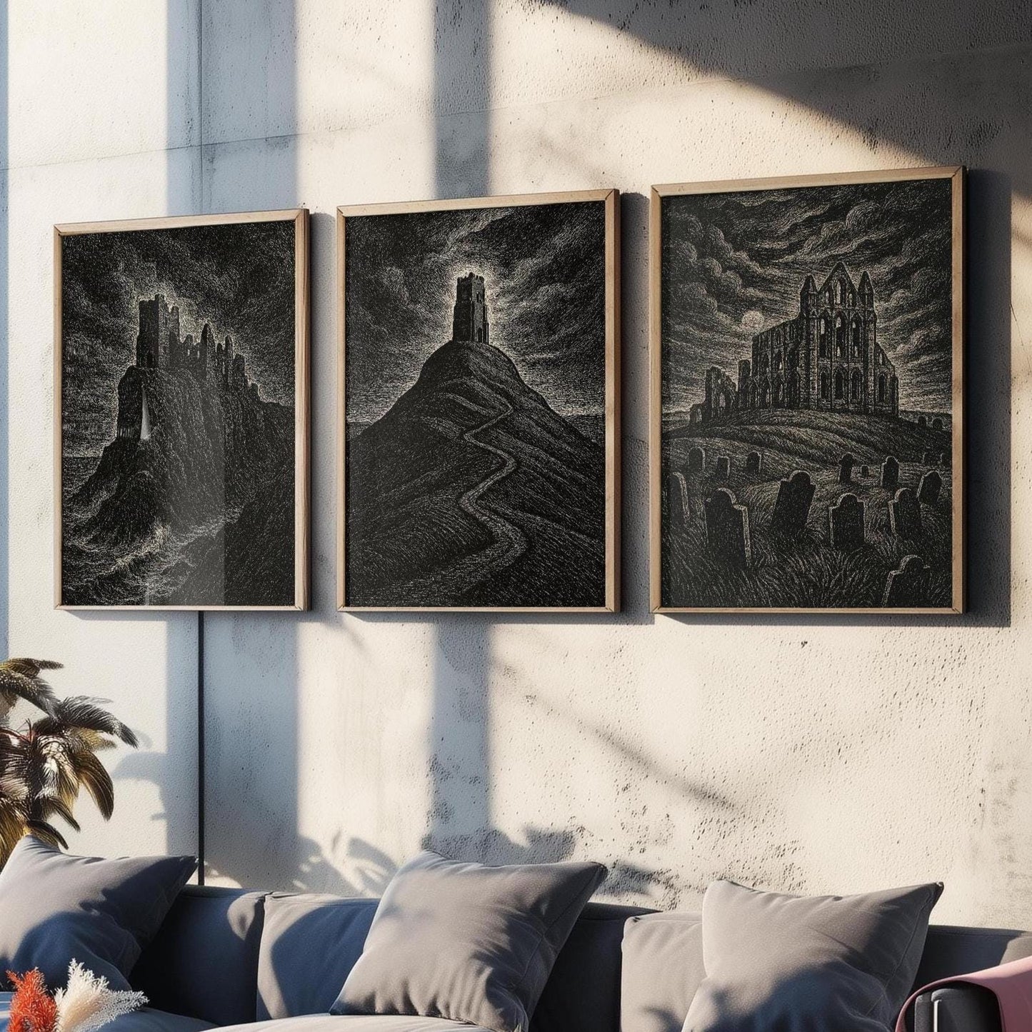 Moody UK Landmarks - Set of Three Art Prints - Dunnottar Castle, Glastonbury Tor, Whitby Abbey Posters - 3 Dark Illustration Painting