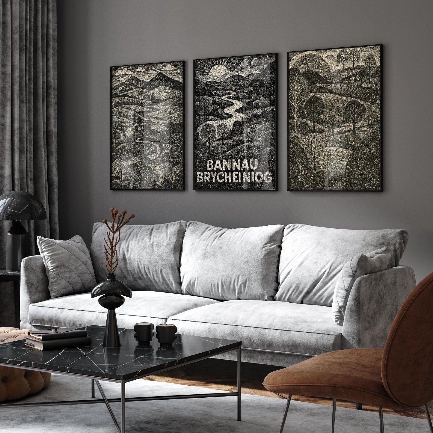 Bannau Brycheiniog Woodcut Art Prints - Set of Three Welsh Posters - Brecon Beacons Pen y Fan Posters - 3 Painting Wales Welsh Landscapes