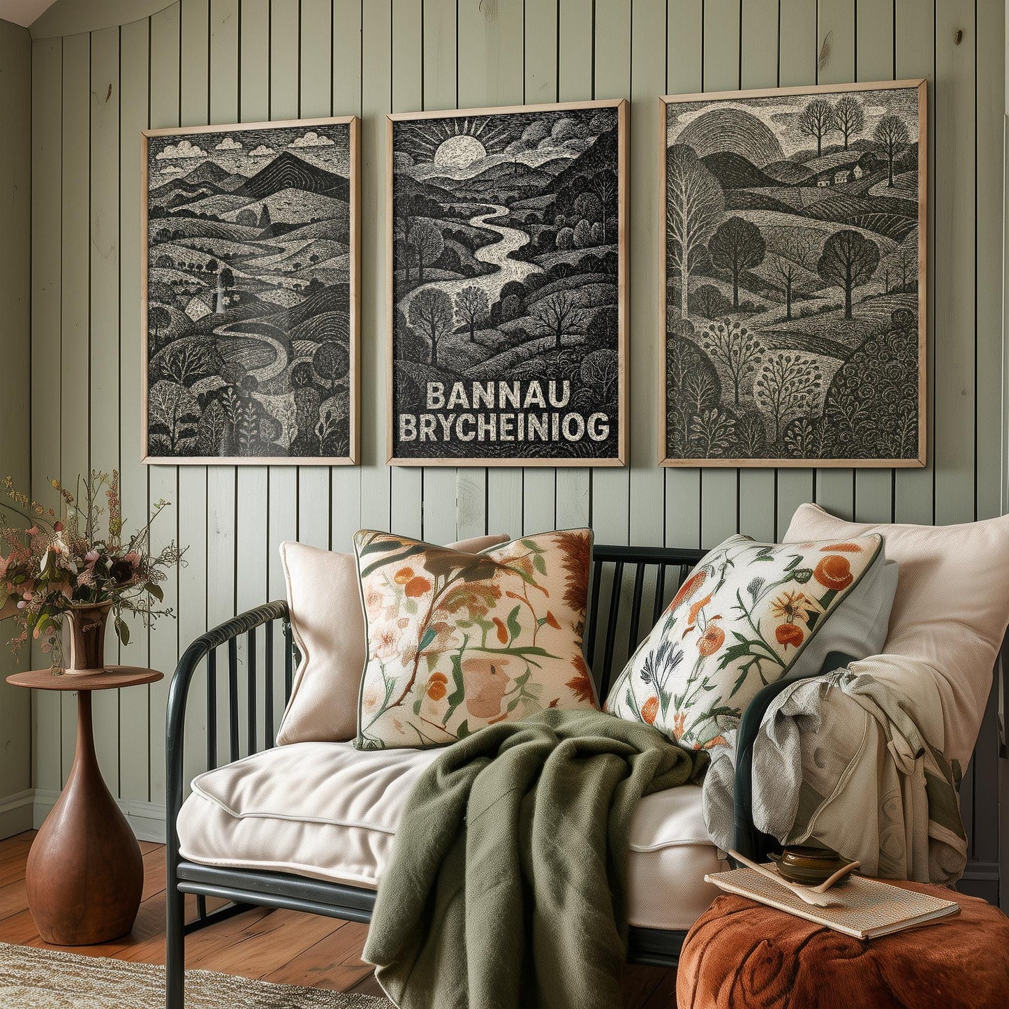 Bannau Brycheiniog Woodcut Art Prints - Set of Three Welsh Posters - Brecon Beacons Pen y Fan Posters - 3 Painting Wales Welsh Landscapes