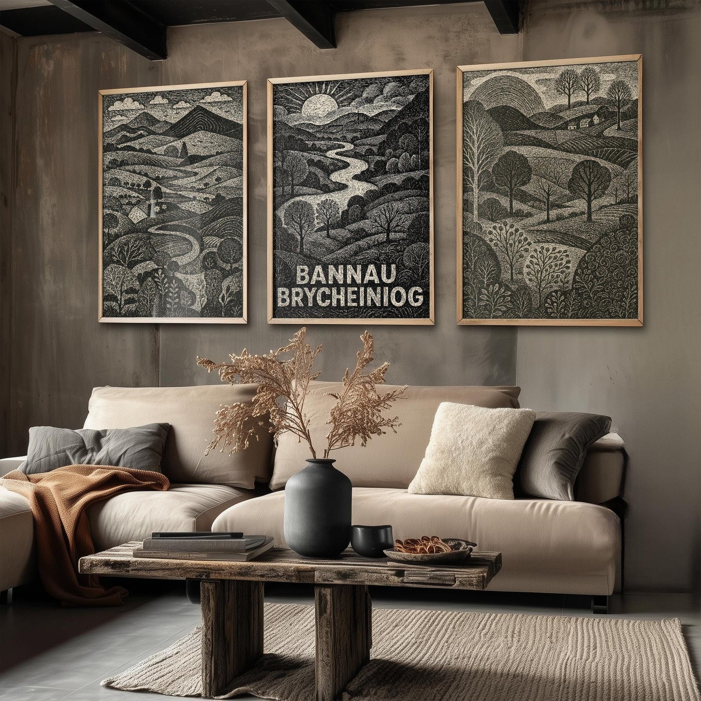 Bannau Brycheiniog Woodcut Art Prints - Set of Three Welsh Posters - Brecon Beacons Pen y Fan Posters - 3 Painting Wales Welsh Landscapes