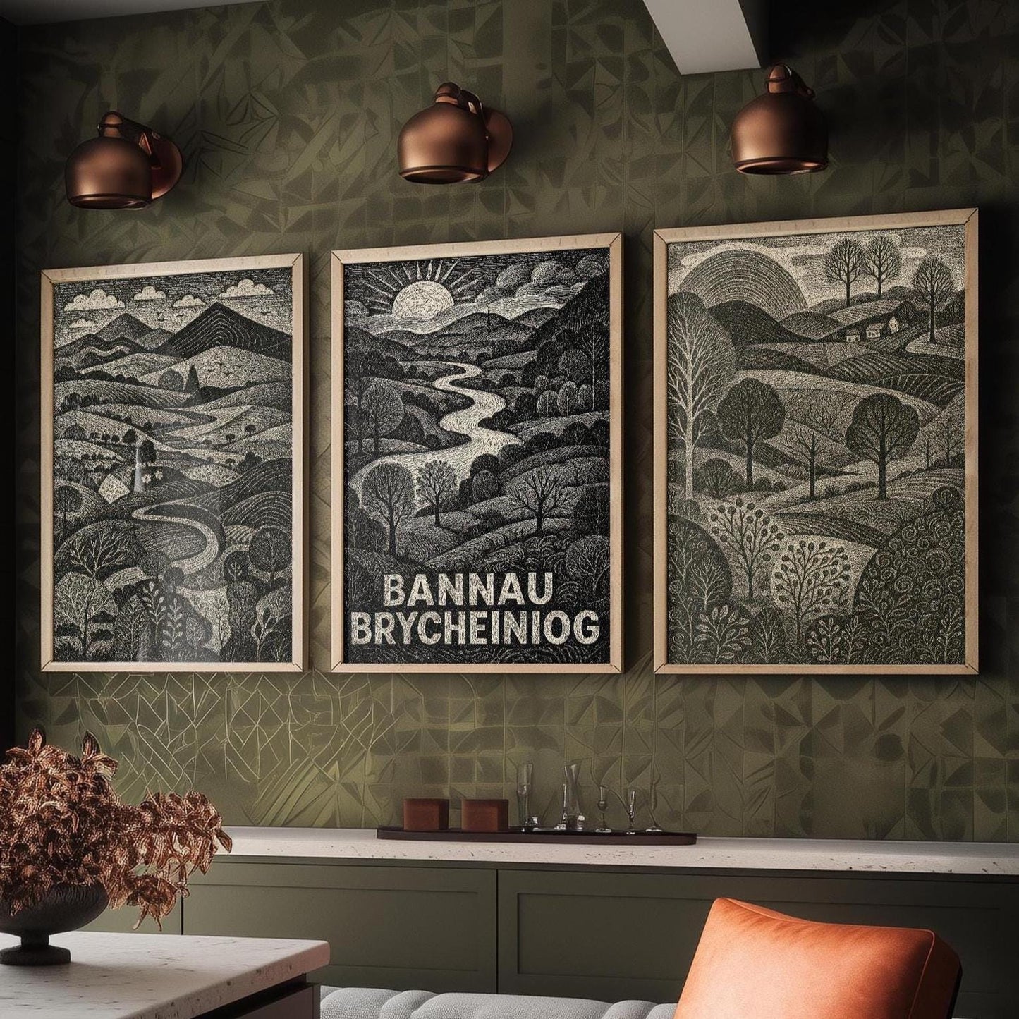 Bannau Brycheiniog Woodcut Art Prints - Set of Three Welsh Posters - Brecon Beacons Pen y Fan Posters - 3 Painting Wales Welsh Landscapes