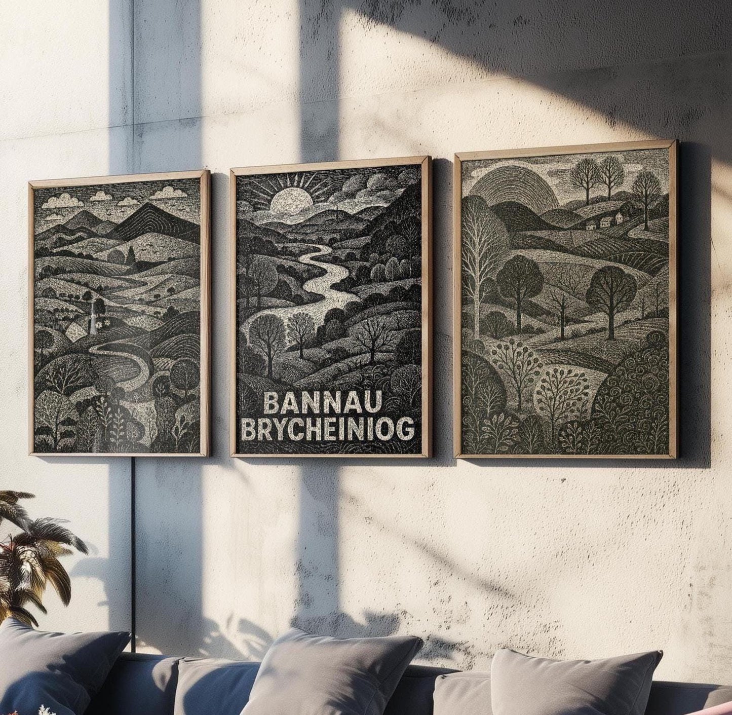 Bannau Brycheiniog Woodcut Art Prints - Set of Three Welsh Posters - Brecon Beacons Pen y Fan Posters - 3 Painting Wales Welsh Landscapes