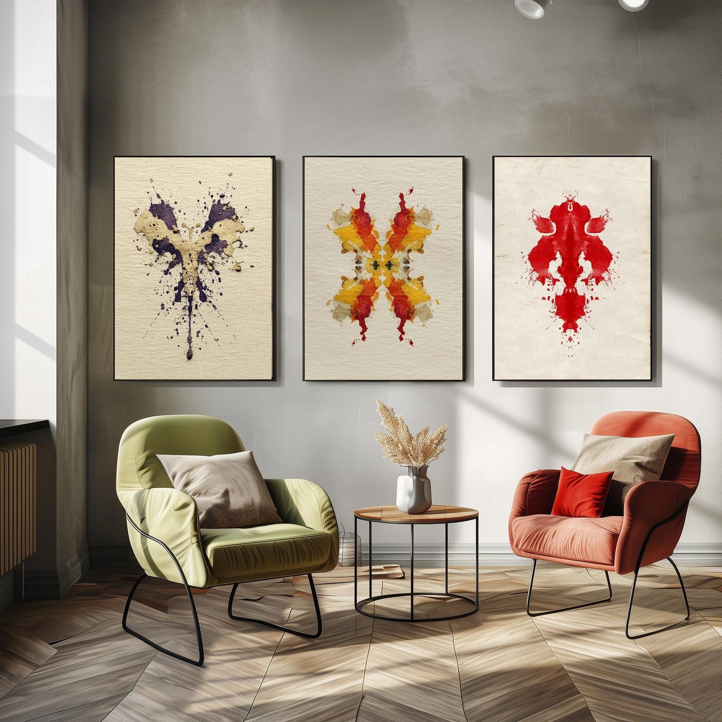 Rorschach Inkblot Set of Three Art Prints - Yellow Boom - 3 Psychology Student Paintings - Photo Poster Wall Art Gift Giclée Museum - Office