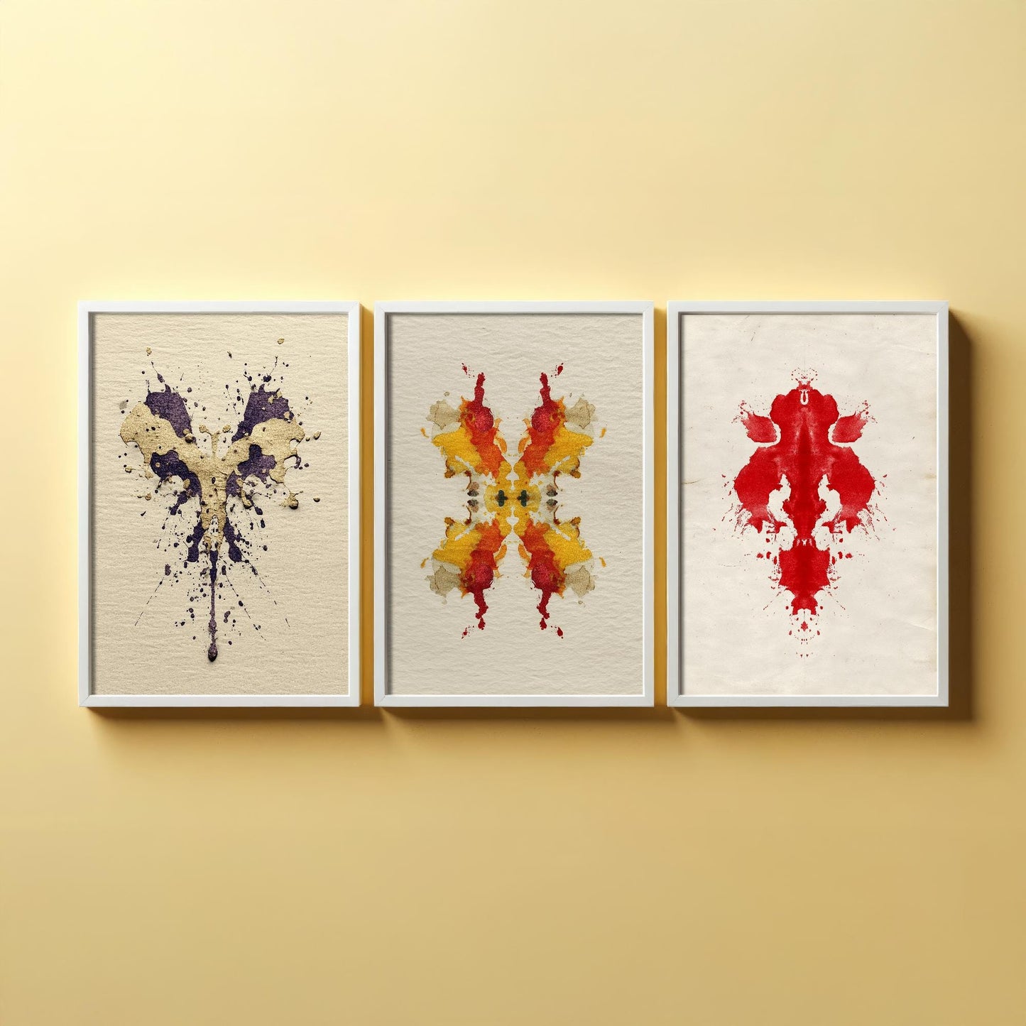 Rorschach Inkblot Set of Three Art Prints - Yellow Boom - 3 Psychology Student Paintings - Photo Poster Wall Art Gift Giclée Museum - Office