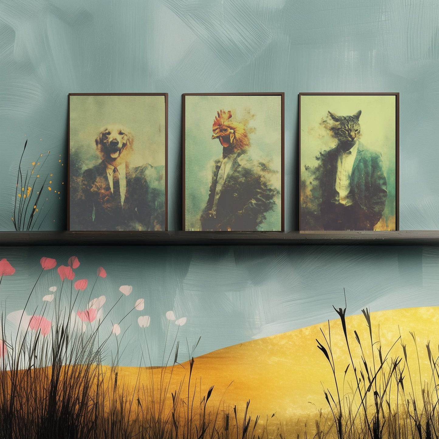 Set of Three Business Animals Wearing Suits Paintings - 3 Golden Retriever Dog, Chicken, Cat Art Prints - Photo Poster Wall Gift