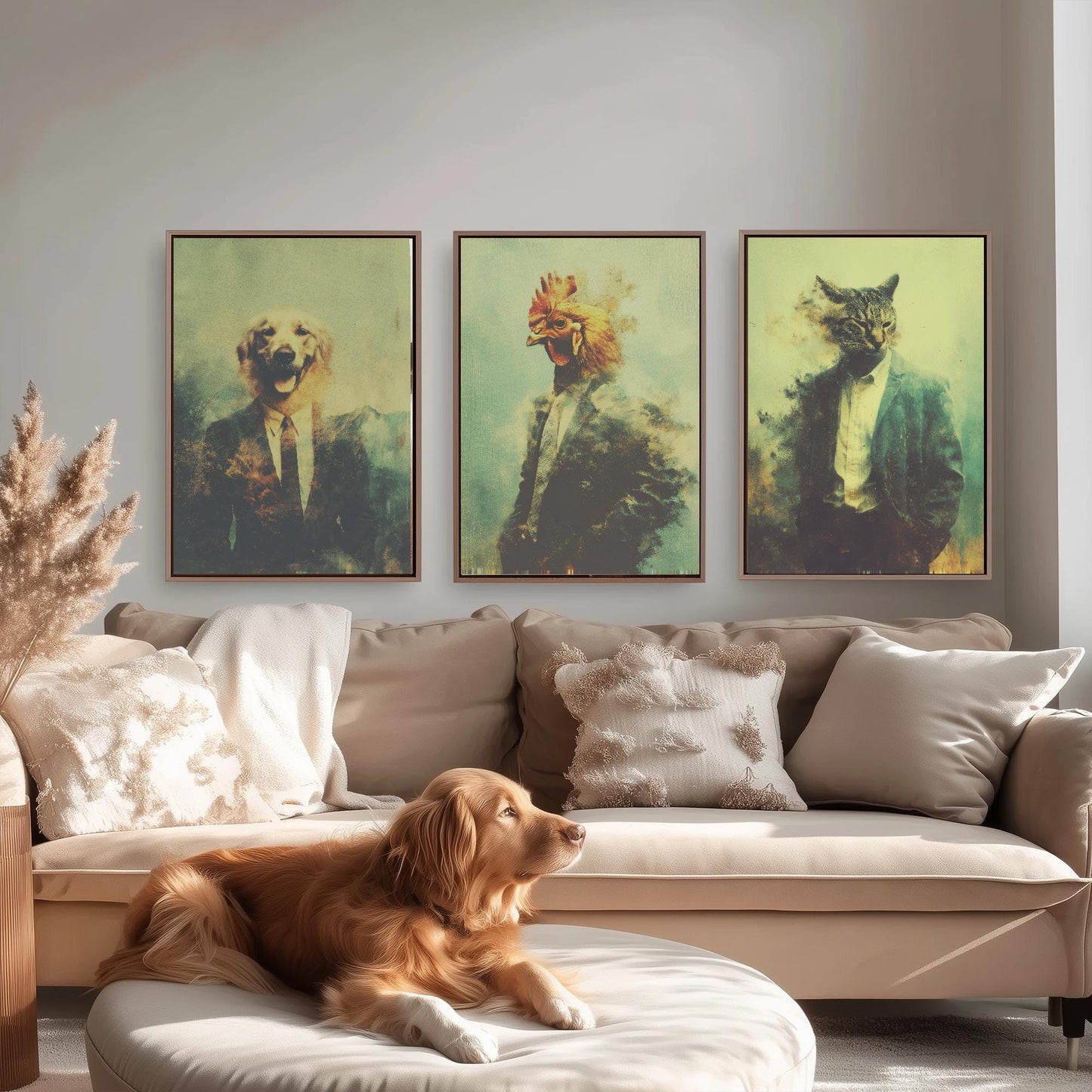 Set of Three Business Animals Wearing Suits Paintings - 3 Golden Retriever Dog, Chicken, Cat Art Prints - Photo Poster Wall Gift