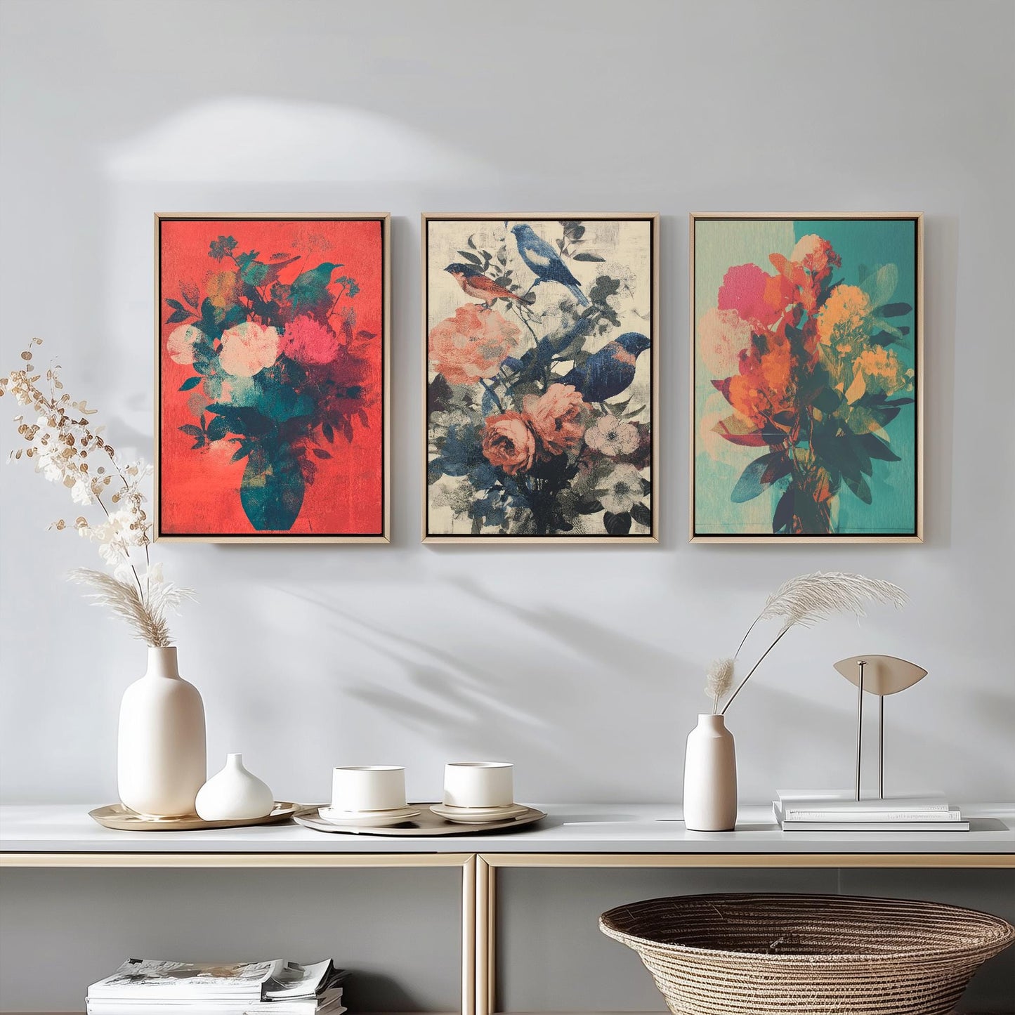 Set of Three Floral Bouquet with Birds Art Prints - Set of 3 Flower Plants - Paintings Photo Poster Wall Gift Museum Botanical Bunch Muted