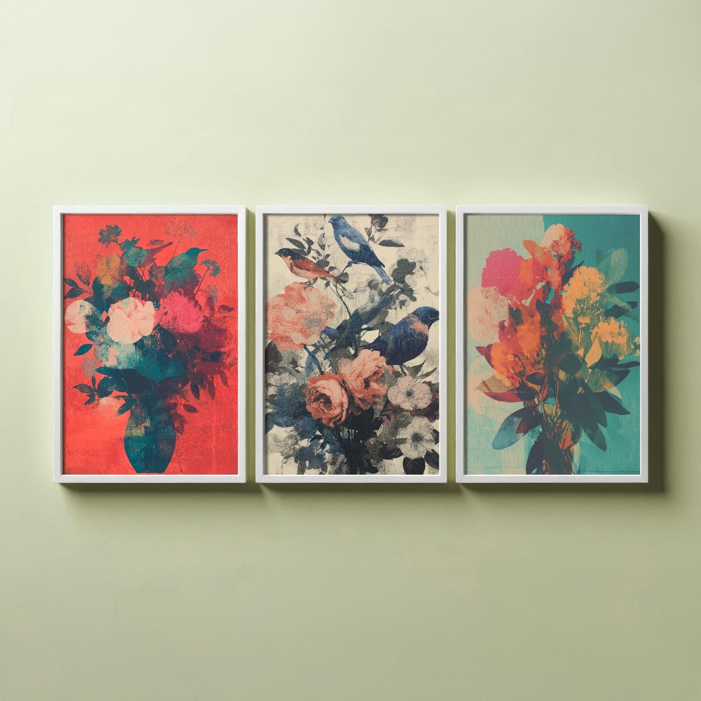 Set of Three Floral Bouquet with Birds Art Prints - Set of 3 Flower Plants - Paintings Photo Poster Wall Gift Museum Botanical Bunch Muted