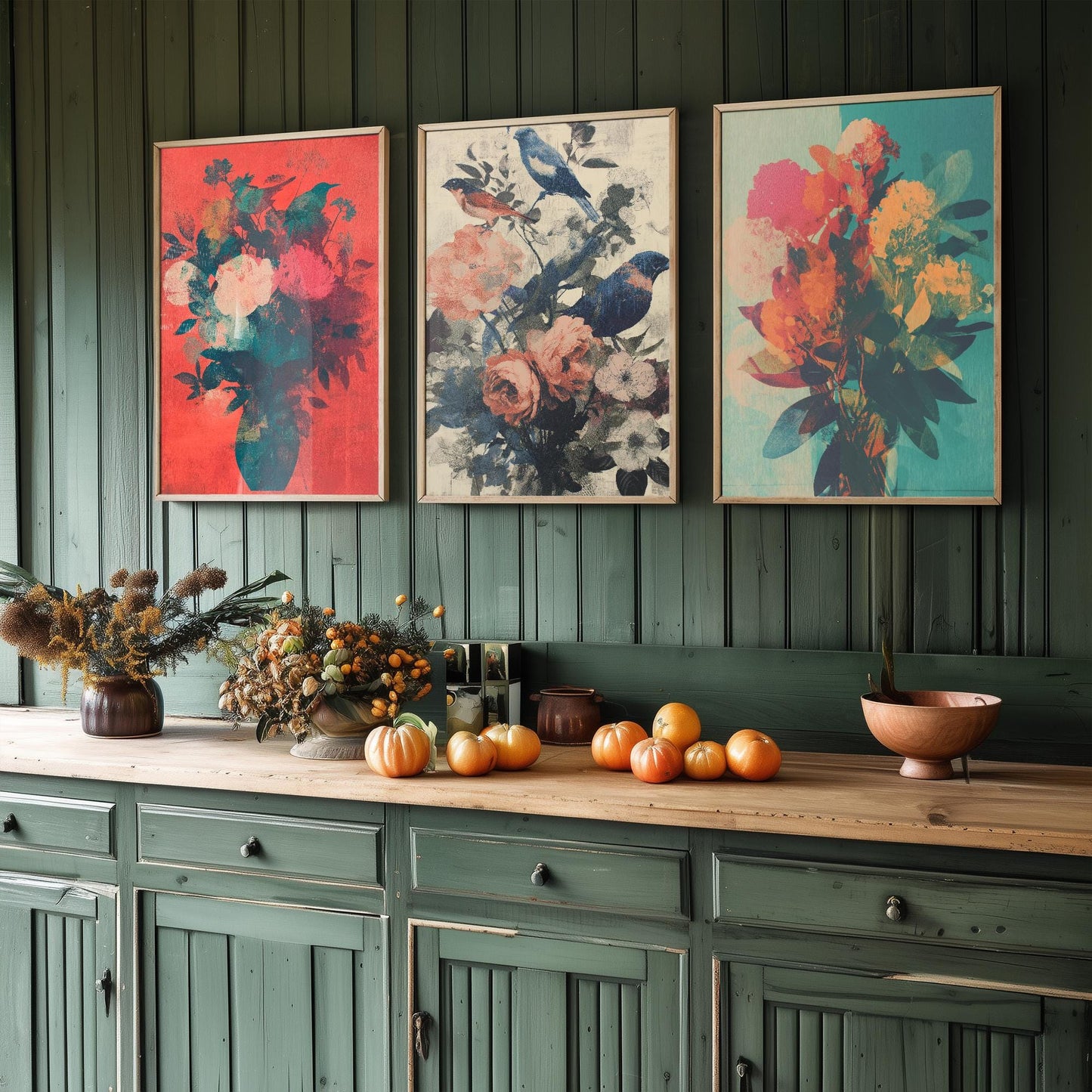 Set of Three Floral Bouquet with Birds Art Prints - Set of 3 Flower Plants - Paintings Photo Poster Wall Gift Museum Botanical Bunch Muted