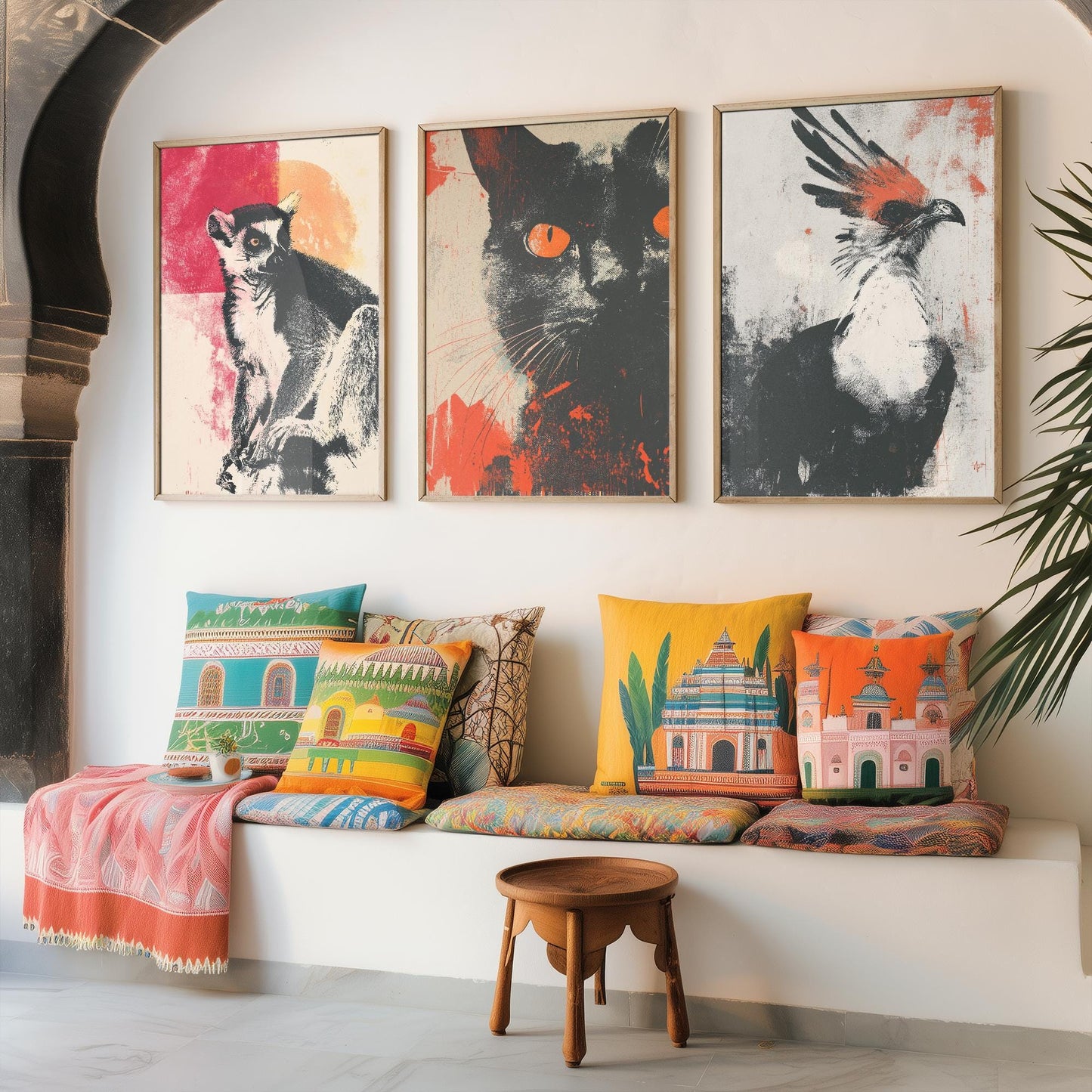 Animal Screen Prints Set of Three Paintings - Art Featuring the Ring Tailed Lemur, Cat and Secretary Bird - Unique Poster Set Gift