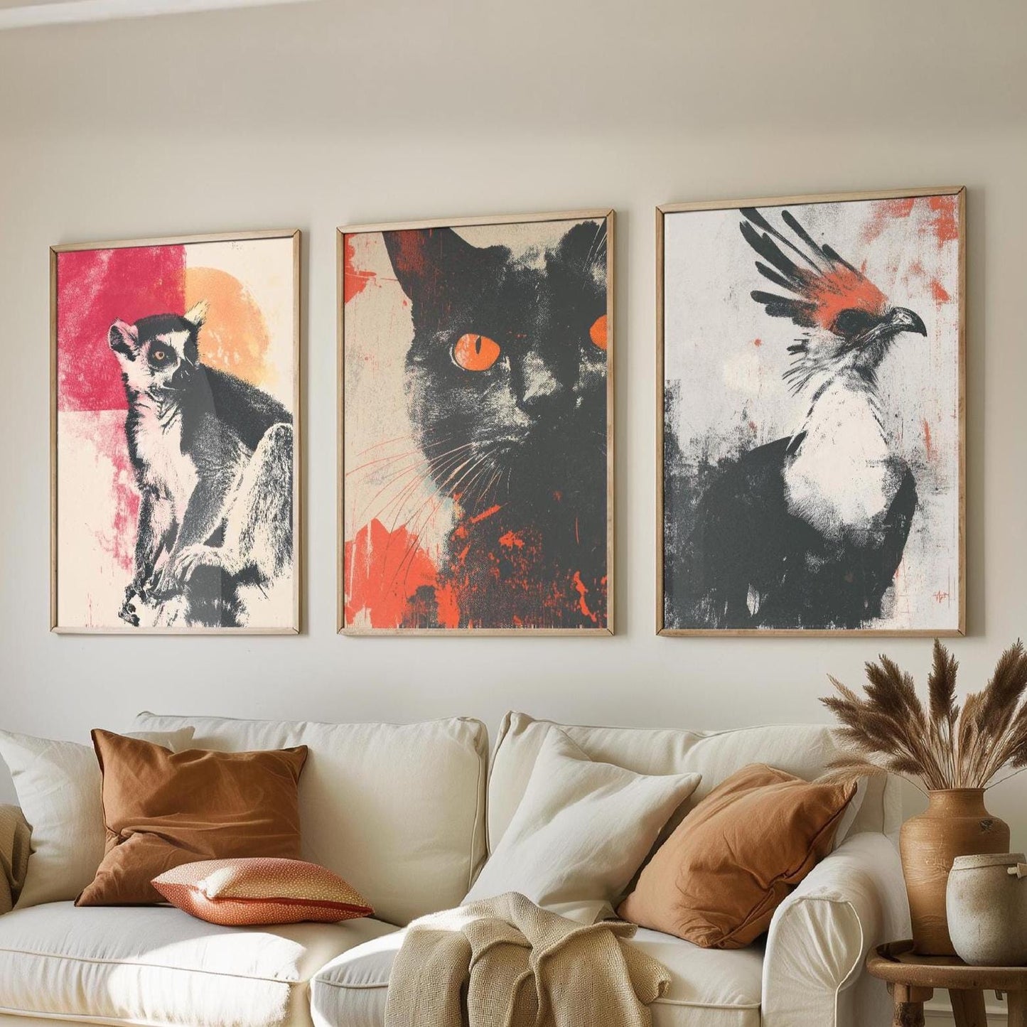 Animal Screen Prints Set of Three Paintings - Art Featuring the Ring Tailed Lemur, Cat and Secretary Bird - Unique Poster Set Gift