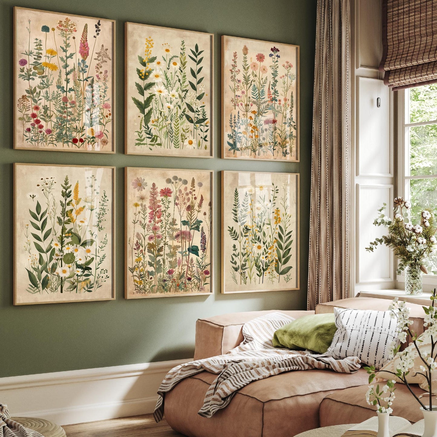 Set of Six Vintage Wildflower Floral Art Prints - Set of 6 Flower Plants Posters - Paintings Photo Wall Gift Ferns Botanical V6 Meadow Chic