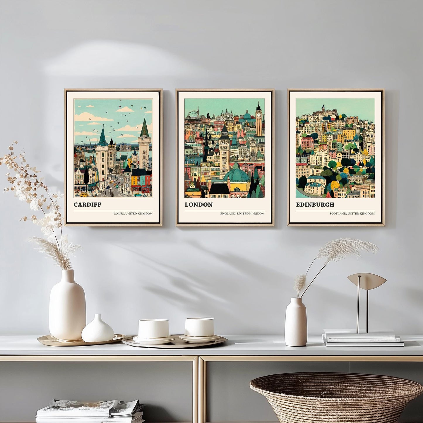 Cardiff, London and Edinburgh Set of Three UK Travel Posters - Capital Cities Abundance Illustrations - 3 Art Prints Photo Painting Gift