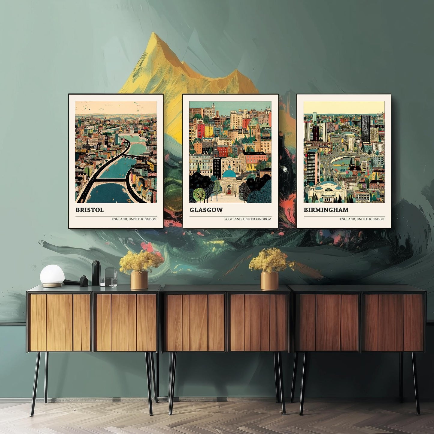 Bristol, Glasgow and Birmingham Set of Three UK Travel Posters - Capital Cities Abundance Illustrations - 3 Art Prints Photo Painting Gift