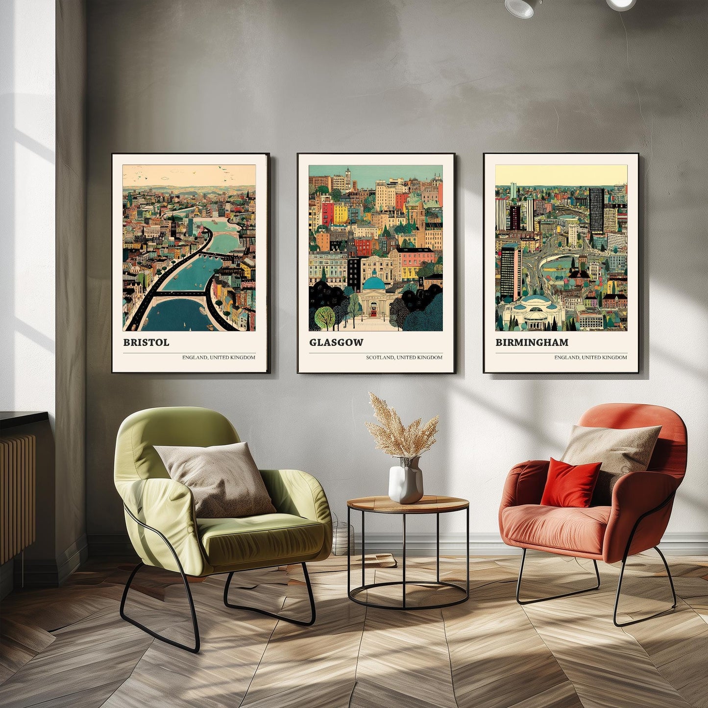Bristol, Glasgow and Birmingham Set of Three UK Travel Posters - Capital Cities Abundance Illustrations - 3 Art Prints Photo Painting Gift