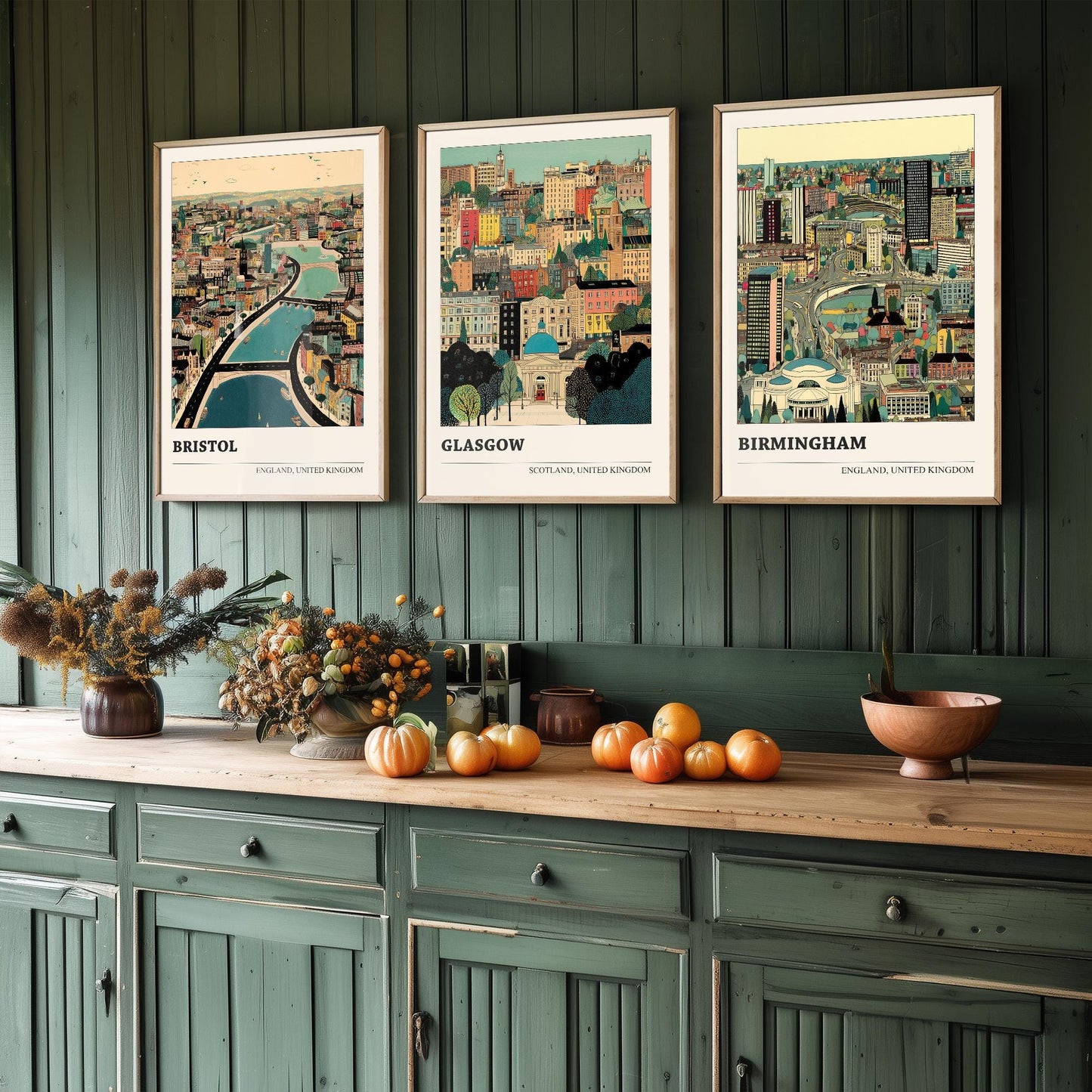 Bristol, Glasgow and Birmingham Set of Three UK Travel Posters - Capital Cities Abundance Illustrations - 3 Art Prints Photo Painting Gift