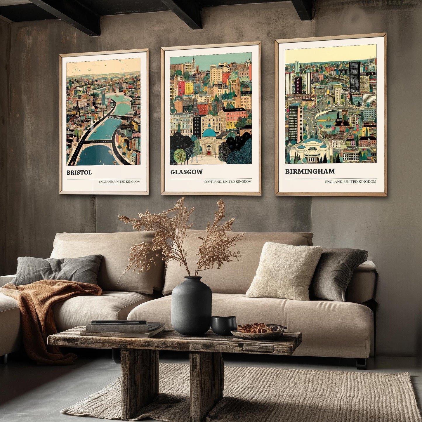 Bristol, Glasgow and Birmingham Set of Three UK Travel Posters - Capital Cities Abundance Illustrations - 3 Art Prints Photo Painting Gift