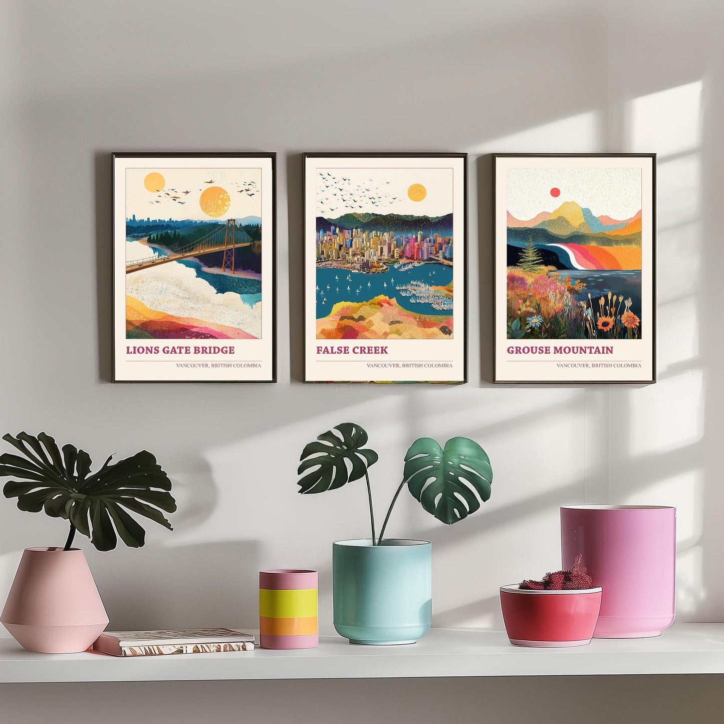 Vancouver Set of Three Travel Posters - Lion's Gate Bridge, False Creek, Grouse Mountain Canada Illustrations - 3 Art Prints Painting Gift