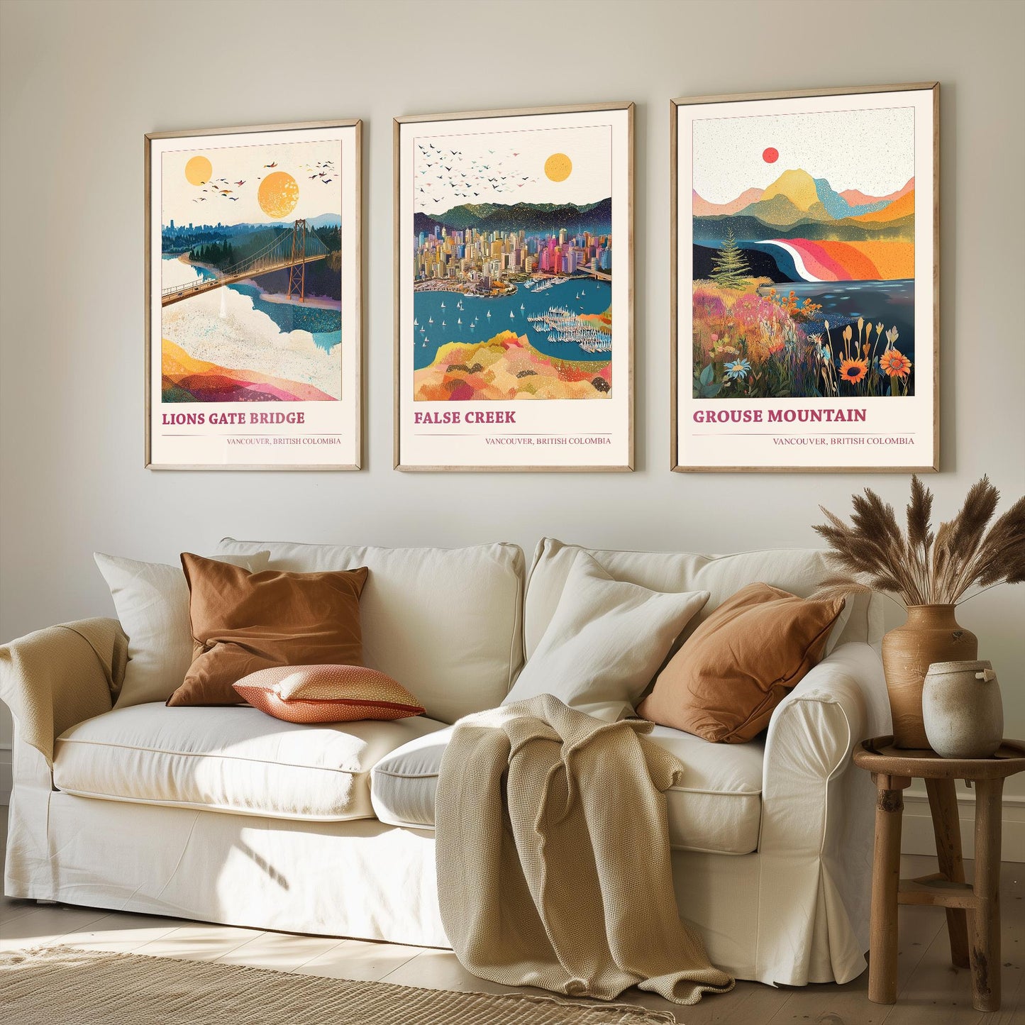 Vancouver Set of Three Travel Posters - Lion's Gate Bridge, False Creek, Grouse Mountain Canada Illustrations - 3 Art Prints Painting Gift