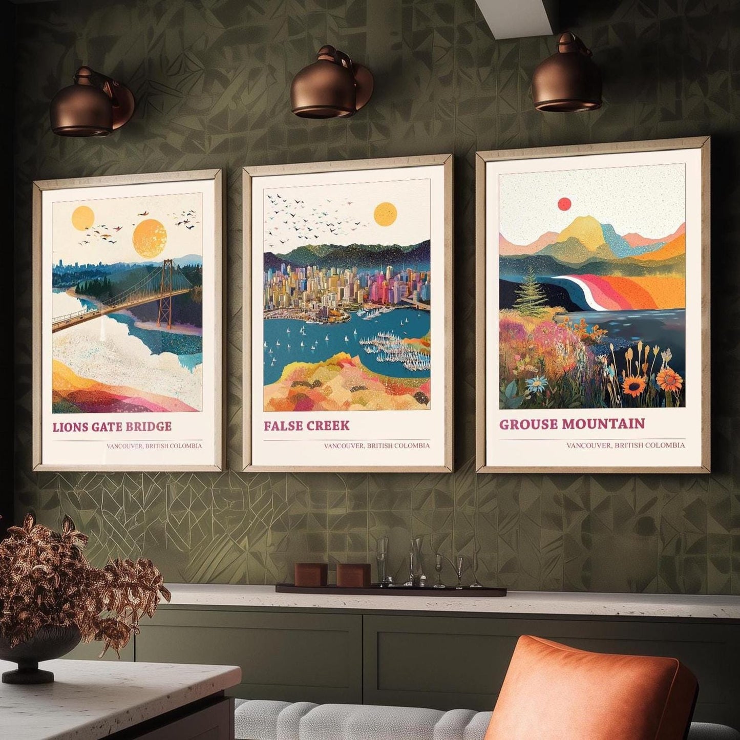 Vancouver Set of Three Travel Posters - Lion's Gate Bridge, False Creek, Grouse Mountain Canada Illustrations - 3 Art Prints Painting Gift