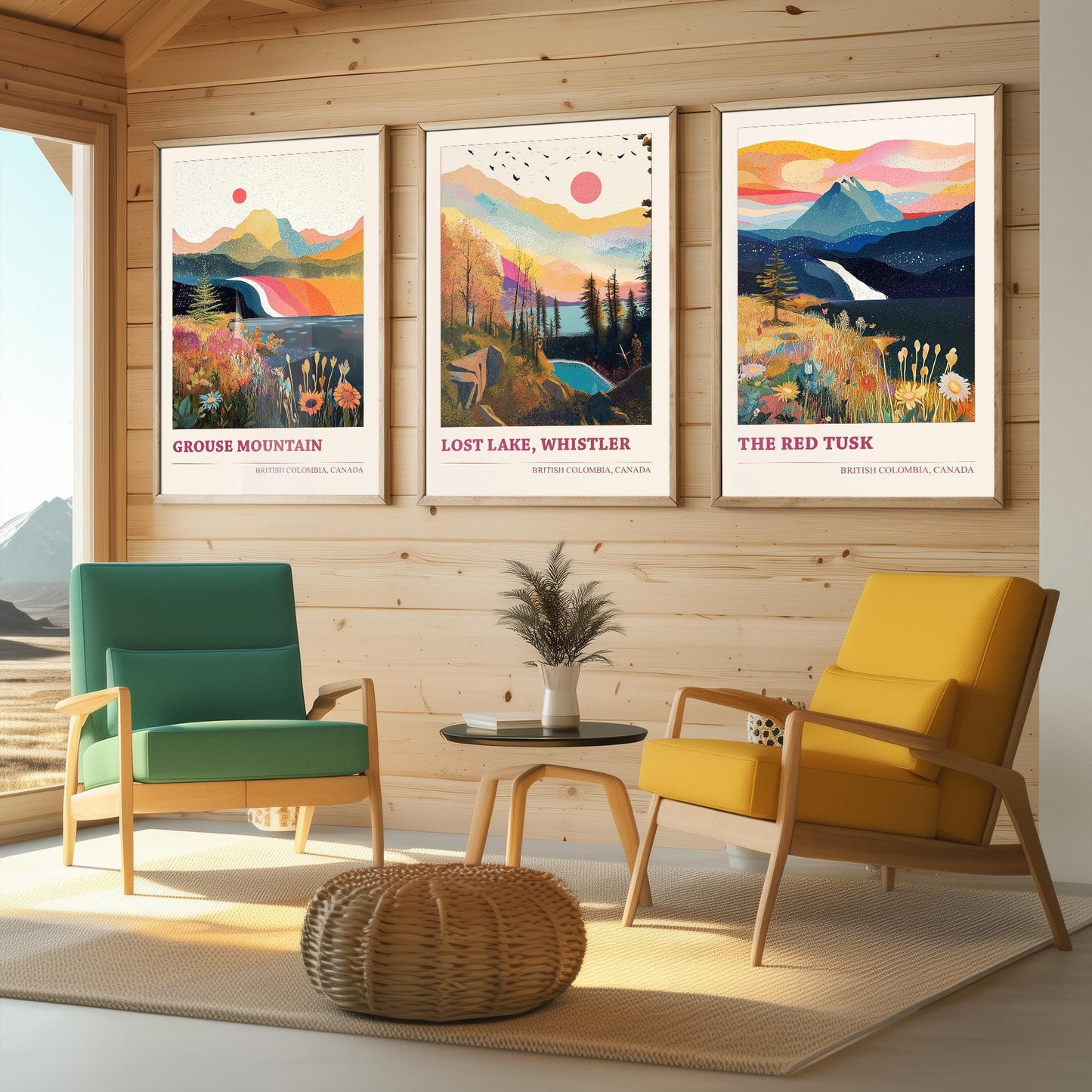 British Colombia Set of Three Travel Posters - Grouse Mountain, Lost Lake, The Red Tusk Vancouver Illustrations - 3 Art Prints Painting Gift