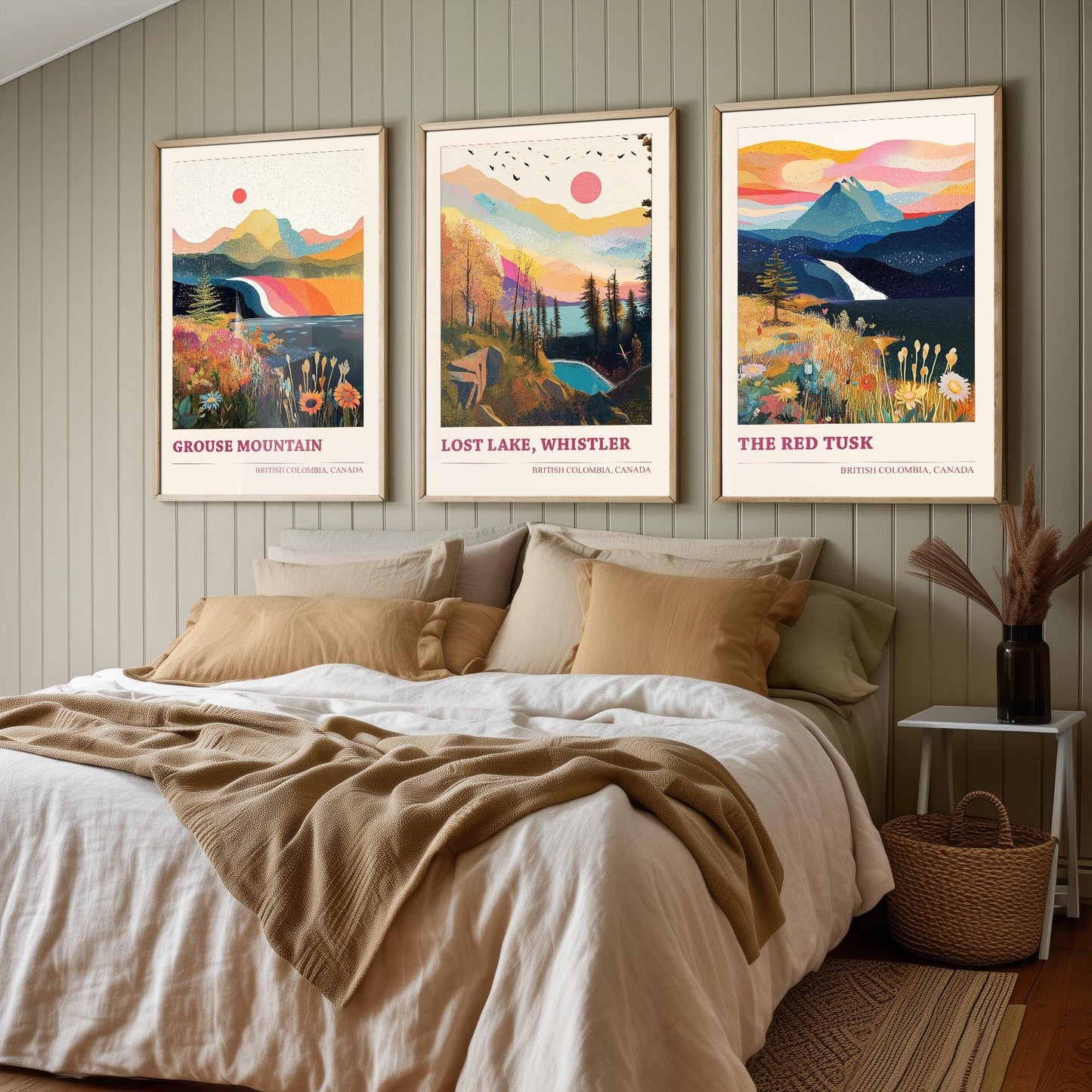 British Colombia Set of Three Travel Posters - Grouse Mountain, Lost Lake, The Red Tusk Vancouver Illustrations - 3 Art Prints Painting Gift