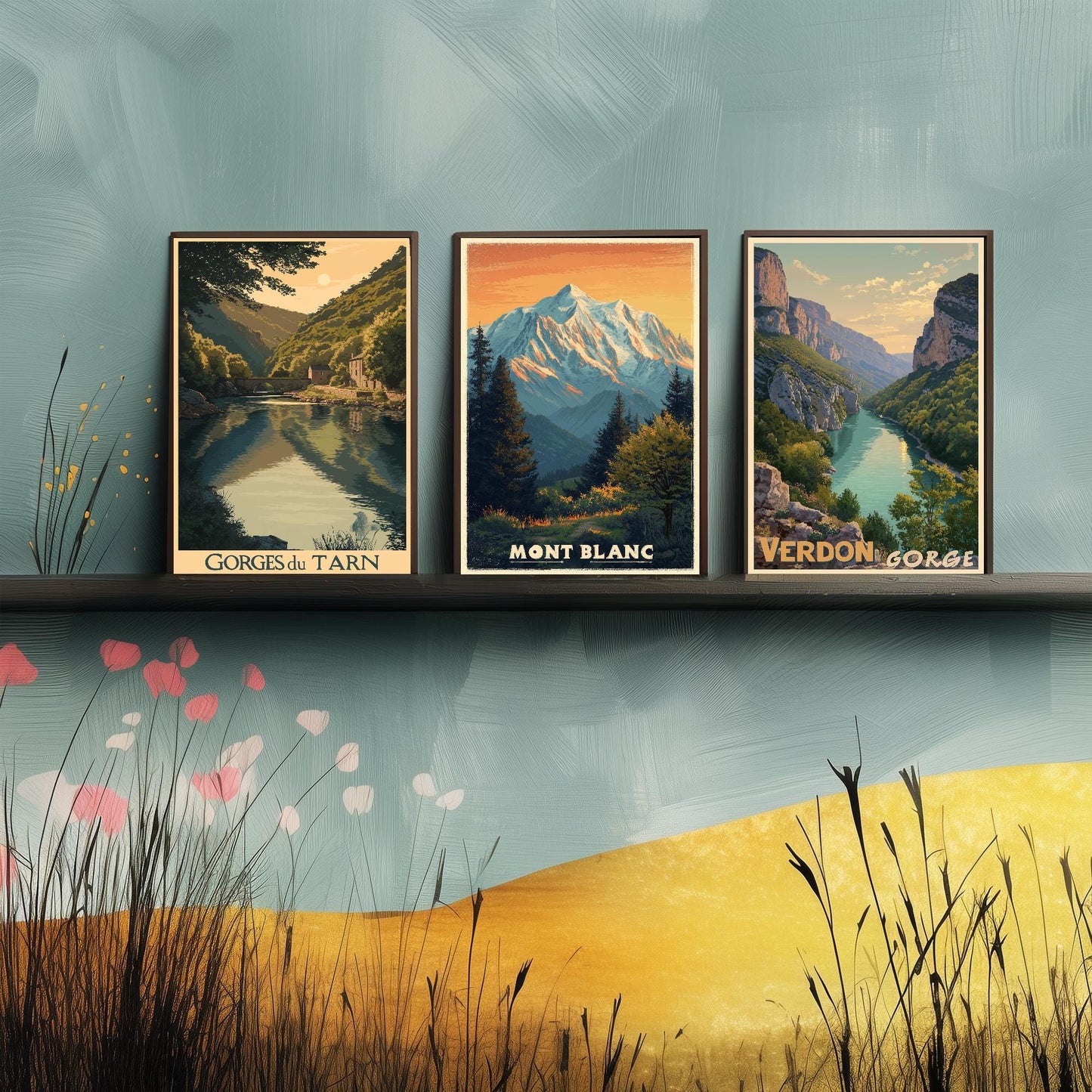 Natural Wonders of France Set of Three Travel Posters - Gorges du Tarn, Mont Blanc, Verdon Gorge Illustrations - 3 Art Prints Painting Gift