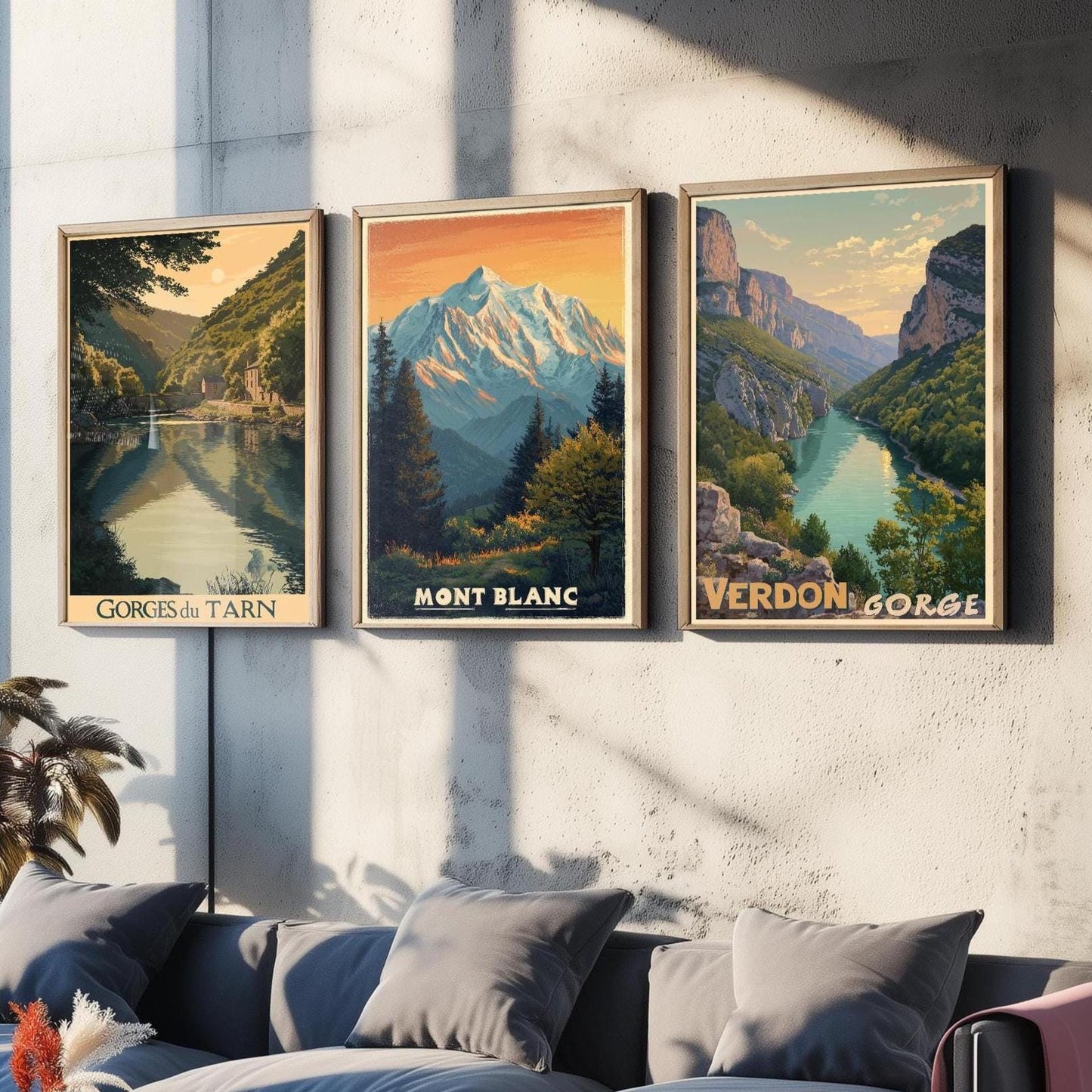 Natural Wonders of France Set of Three Travel Posters - Gorges du Tarn, Mont Blanc, Verdon Gorge Illustrations - 3 Art Prints Painting Gift