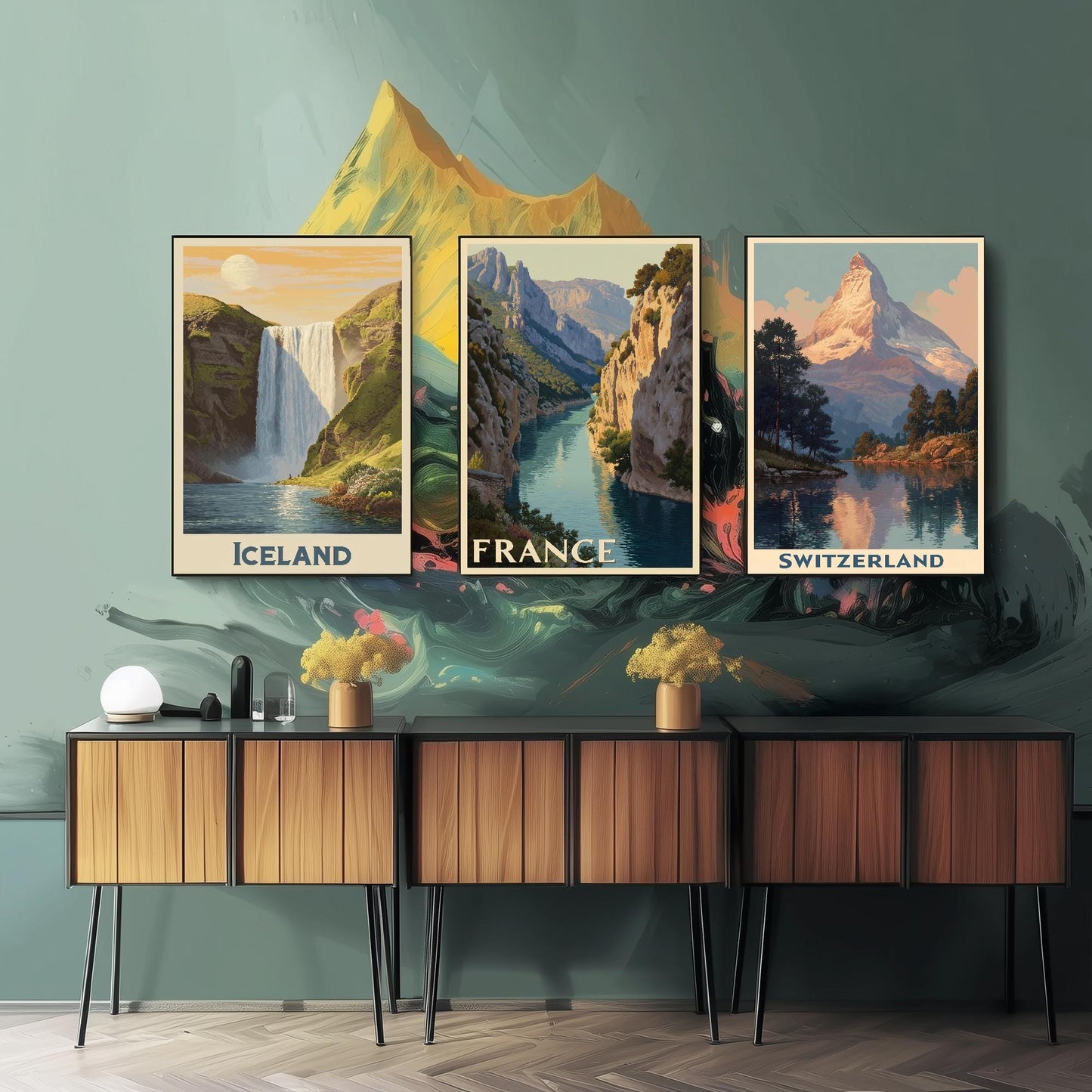 Natural Wonders of Iceland, France and Switzerland - Set of Three Travel Posters - Illustrations 3 Art Prints Painting Gift Photo