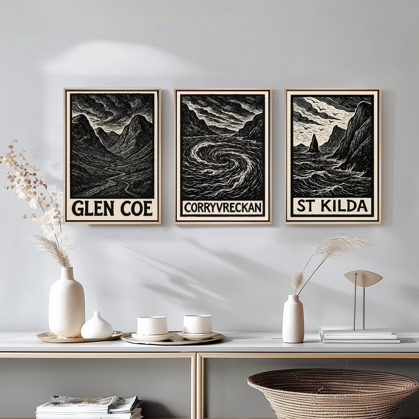 Glen Coe, Corryvreckan, St Kilda Posters - Set of Three Scotland Travel Art Prints - 3 B&W Woodcut Illustration Painting Highlands