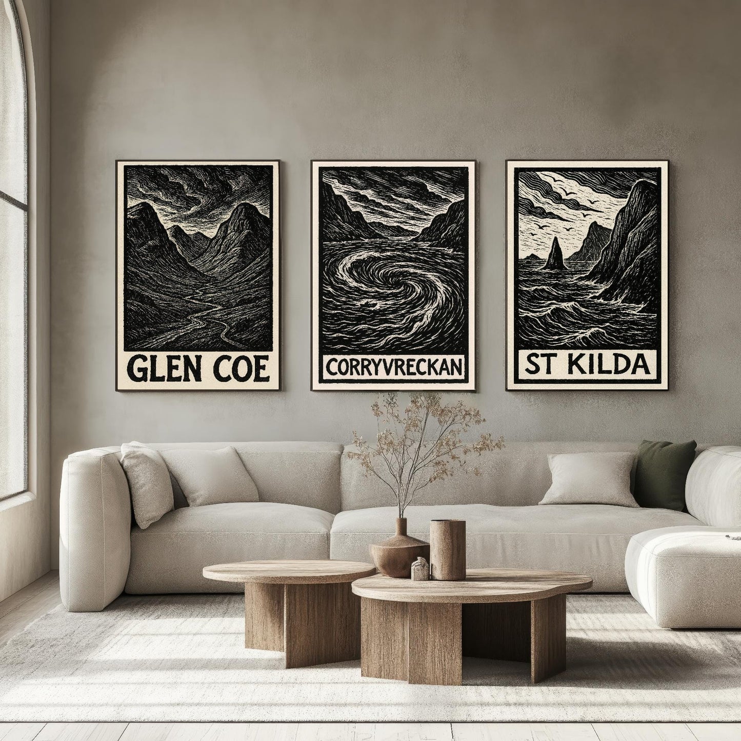 Glen Coe, Corryvreckan, St Kilda Posters - Set of Three Scotland Travel Art Prints - 3 B&W Woodcut Illustration Painting Highlands